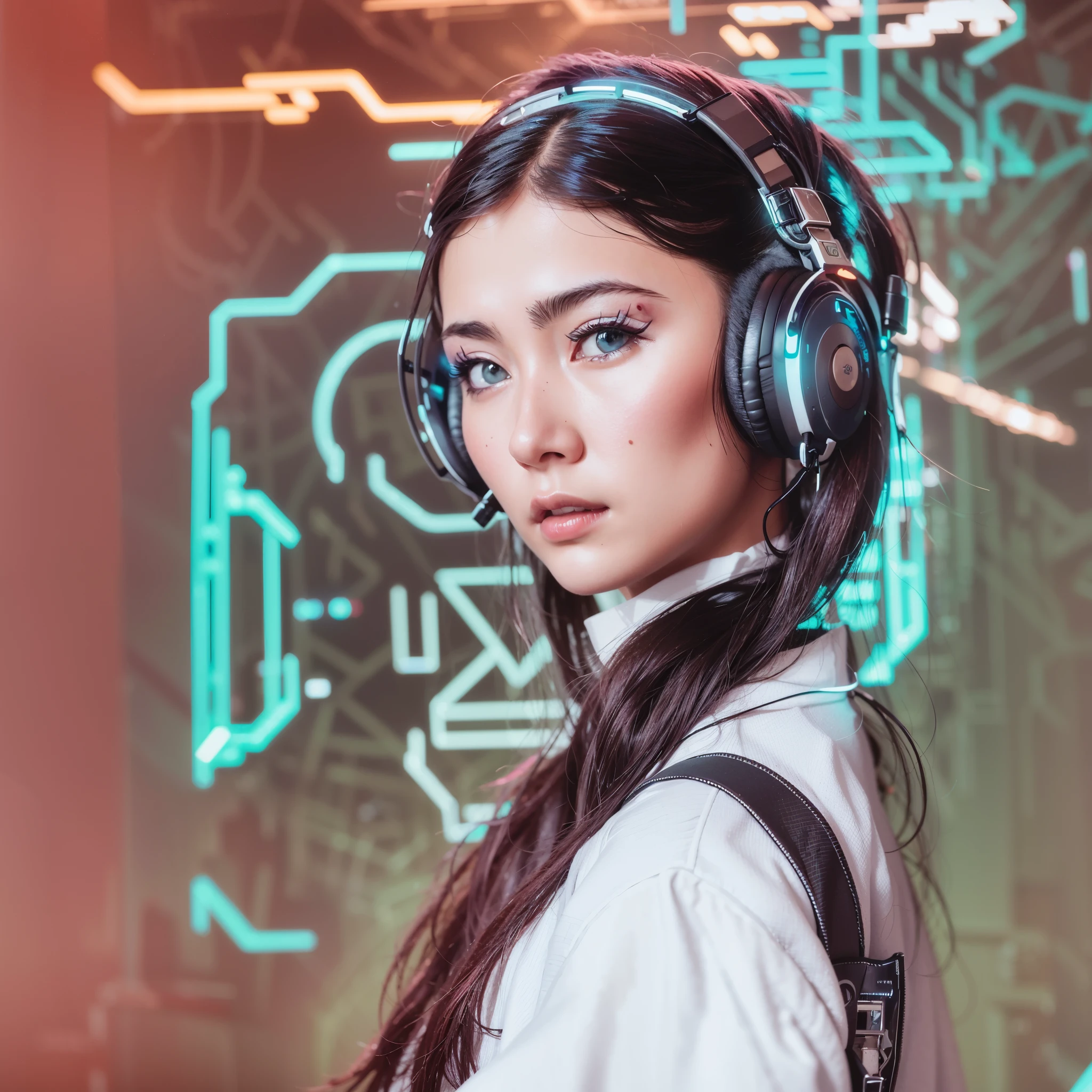 There is a woman with headphones and a white shirt, Cyberpunk headset, in Cyberpunk style, Cyberpunk style, Cyber-Stil, has Cyberpunk style, beautiful Cyberpunk woman model, Cyberpunk look, Cyberpunk beautiful girl, dreamy Cyberpunk girl, Cyberpunk women, Cyberpunk photo, style of Cyberpunk, Cyber-Punk-Setting, Cyberpunk theme, the Cyberpunk girl portrait, Cyberpunk fashion, Cyberpunk vibe, Cyberpunk)))))