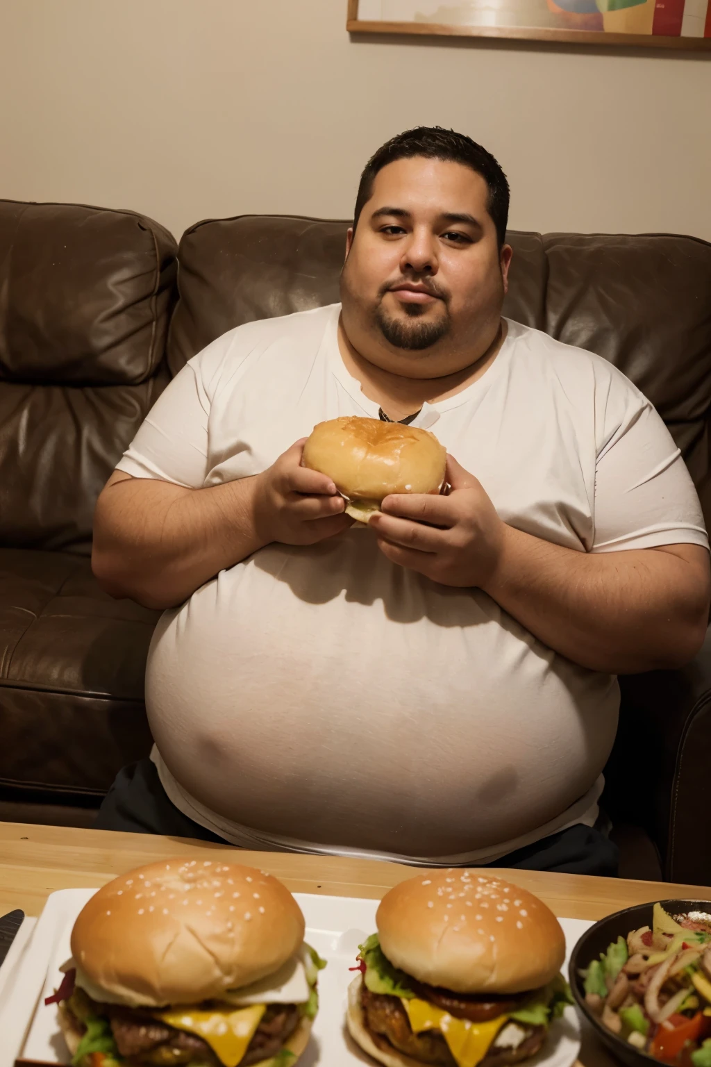 Create a picture of a clothed, obese man enjoying a homemade hamburger at home, with details that highlight indulgence, como migalhas no colo e um olhar de puro contentamento.