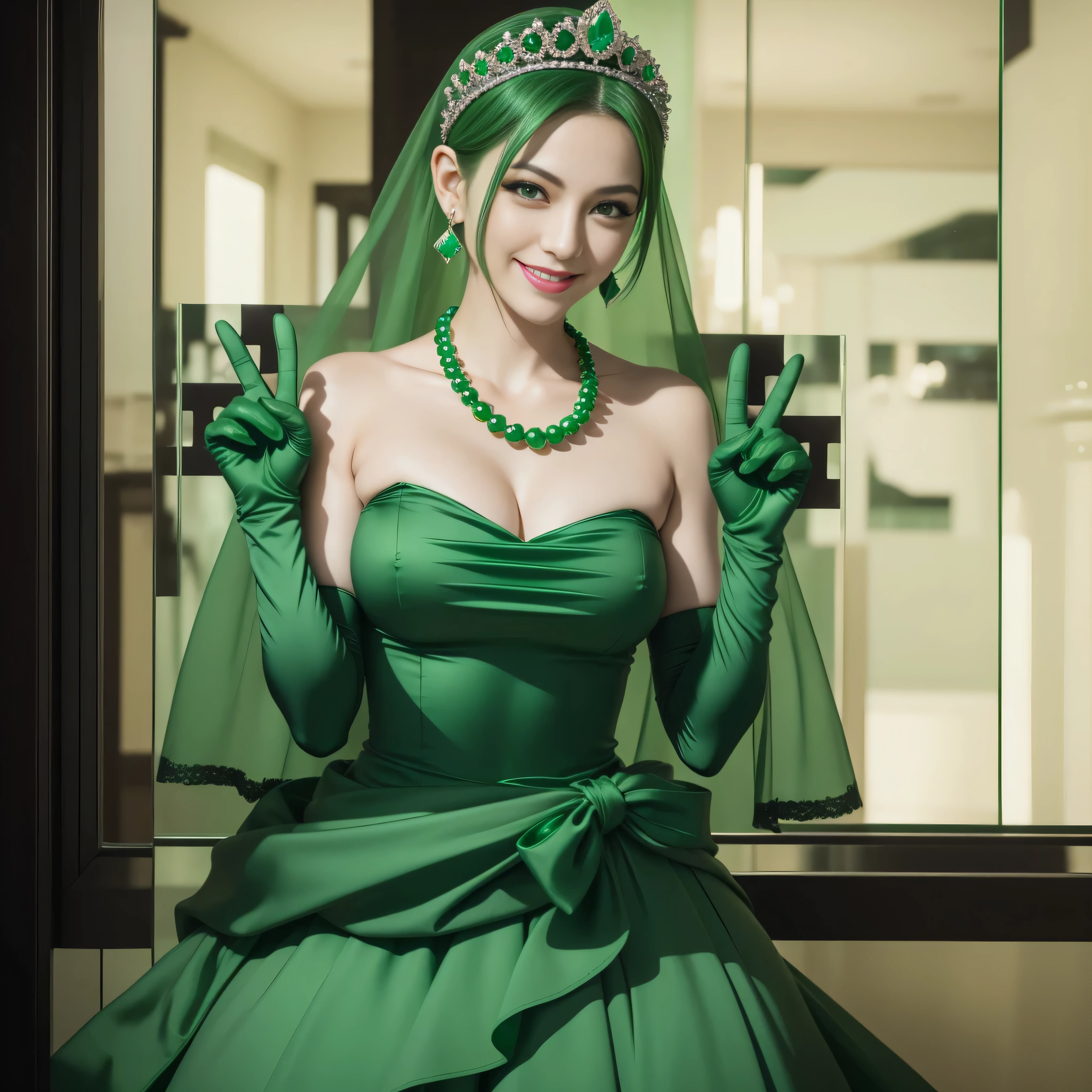 emerald tiara, Green Pearl Necklace, Boyish very short green hair, lipsticks, Japan woman smiling, very short short hair, big breasts beautiful, Green eyes, Long green gloves made of satin material, Green eyes, 両手でv sign, Emerald Earrings, Green hair, v sign, Detailed Five Fingers