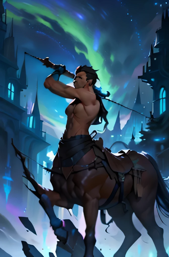 (melhor qualidade, 4k, 8k, alta resolução, obra-prima: 1,2), ultradetalhado, (realista, fotorrealista, fotorrealista: 1,37), young male centaur with defined muscles, beardless face with a teenage appearance, apontando um grande arco e flechas, corpo inteiro, fundo celestial, etherial lighting, mytical creature, pose forte e confiante, private commission, lindamente pintado, detalhes impressionantes, anatomia realista, heroic character, fantasia envolvente, mitologia, dynamic perspective, cores vivas, nuvens iluminadas pelo sol, magic suggestion, aventura de fantasia