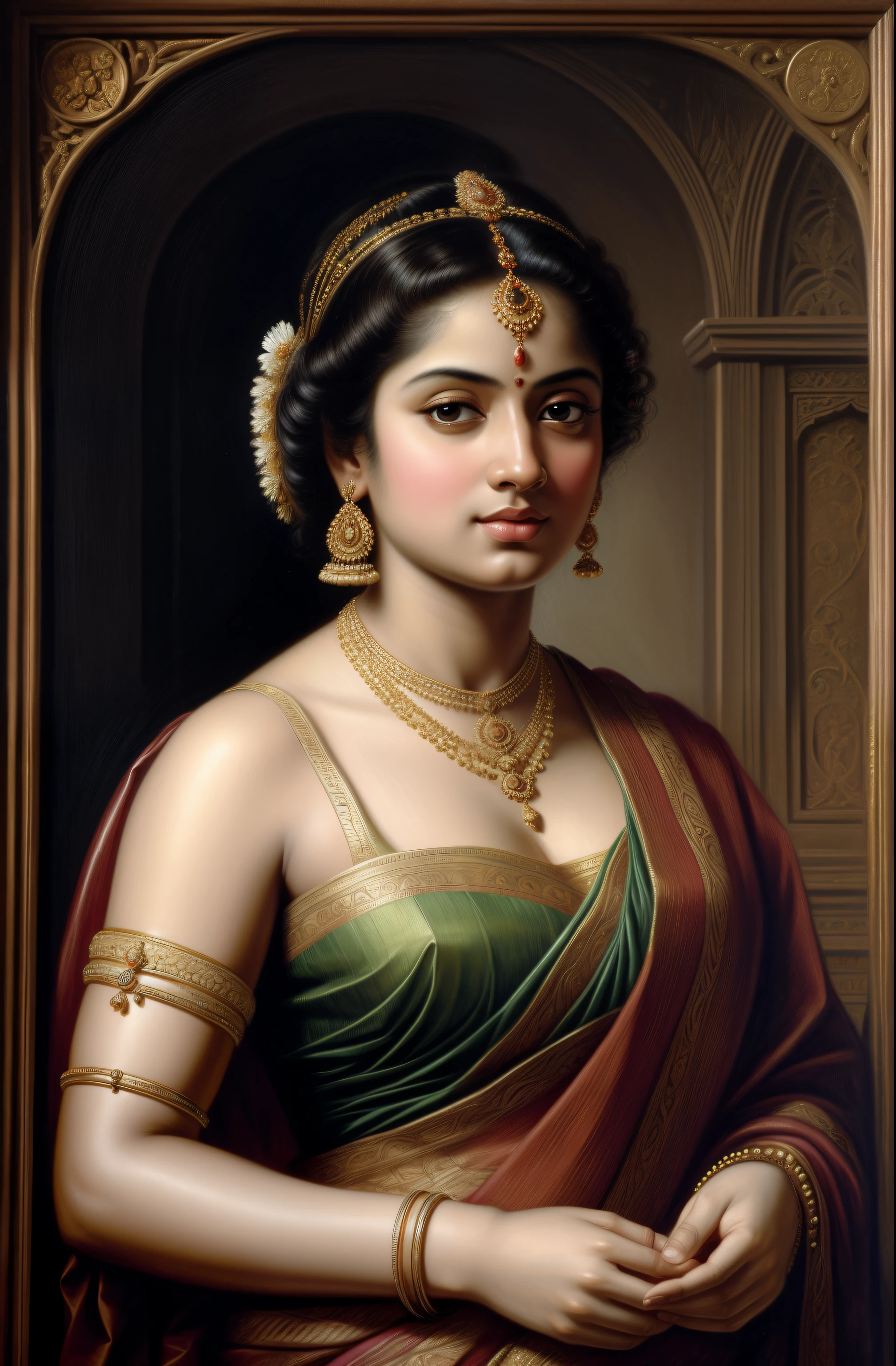 Beautiful Indian Woman, wearing saree, sari Beauty, gorgeous, Apsara, Maharani, royal queen woman, nymph from Hindu Mythology, pierced eyes, Urvashi, matchless beauty, Highly detailed, Oil Painting by Peter Paul Rubens inspired by Raja Ravi Varma, Matchless beauty, captivating, gorgeous, heavenly beauty, celestial beauty, by Peter Paul Rubens, 1893, realistic, hyper realistic, micro details, incredible artwork, insane details, ultra High resolution, 8k, 32k,  acrylic on canvas, intricate, flawless, detailed, detailed face, detailed eyes, masterpiece, by Peter Paul Rubens, by Caravaggio, by William Adolphe bouguereau, perfect face, perfect body, beautiful art, realism, baroque, renaissance Art, highly textured, beautiful and detailed eyes, uhd, best quality,