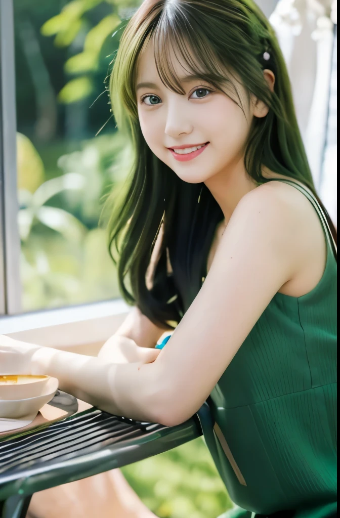 "8K resolution, Masterpiece Quality: 1.2, Photorealsitic: 1.4, Detailed 8k wallpapers, Cinematic lighting, Sharp Focus, Full body, Idol of a 20-year-old Japan, Perfect body, (Green hair), trendy green outfit, luxurious and elegant interior, Fashionable harmony with nature, contemporary furniture with green accents, chic art gallery style, shy smile, Modern Apartment."