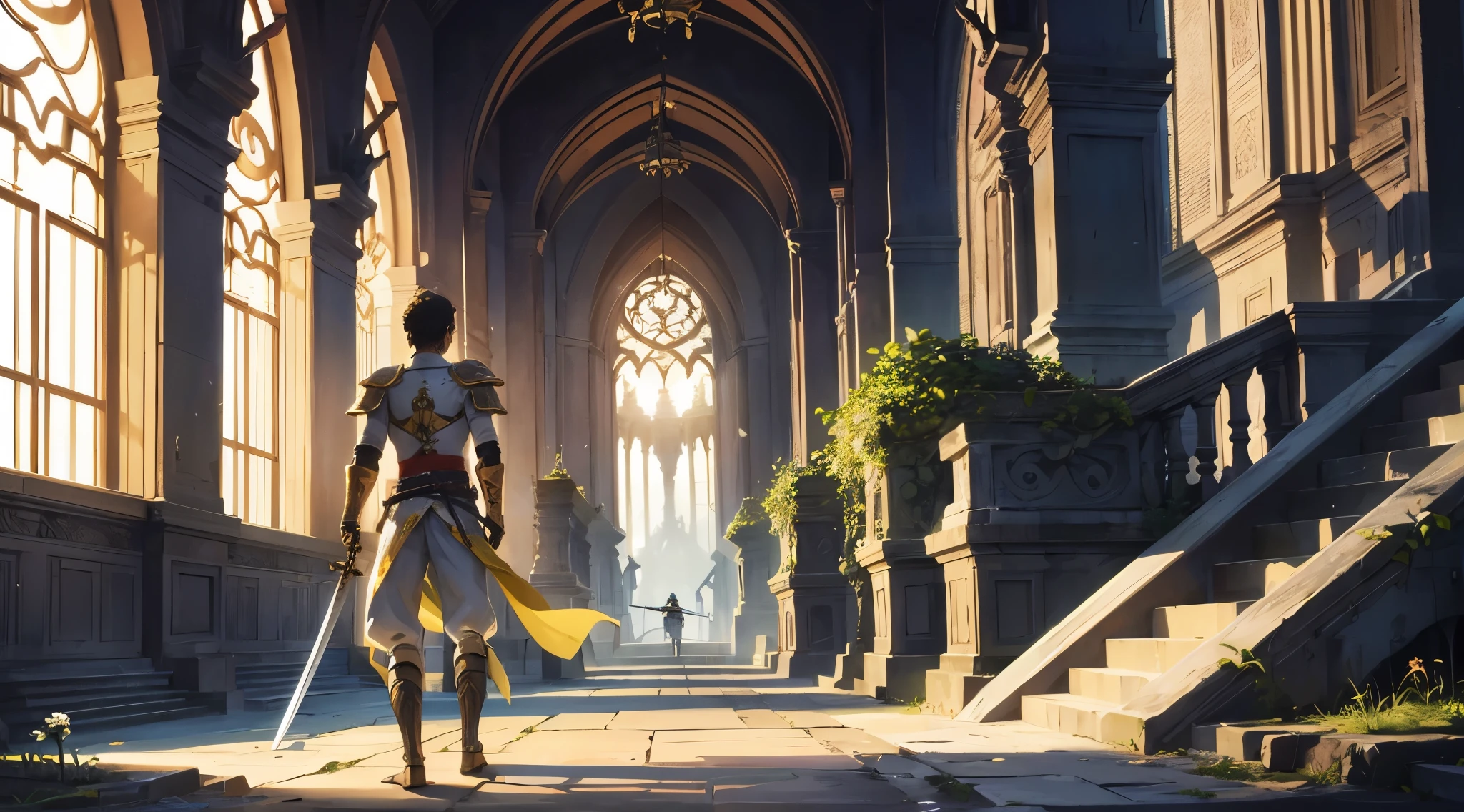1 bravo guerreiro se aventura em um lugar desconhecido, ele tem uma armadura linda, he has two swords in his hands, your back is entering a beautiful, lush place, um lugar atraente e intrigante, where there is only him in the middle of the landscape