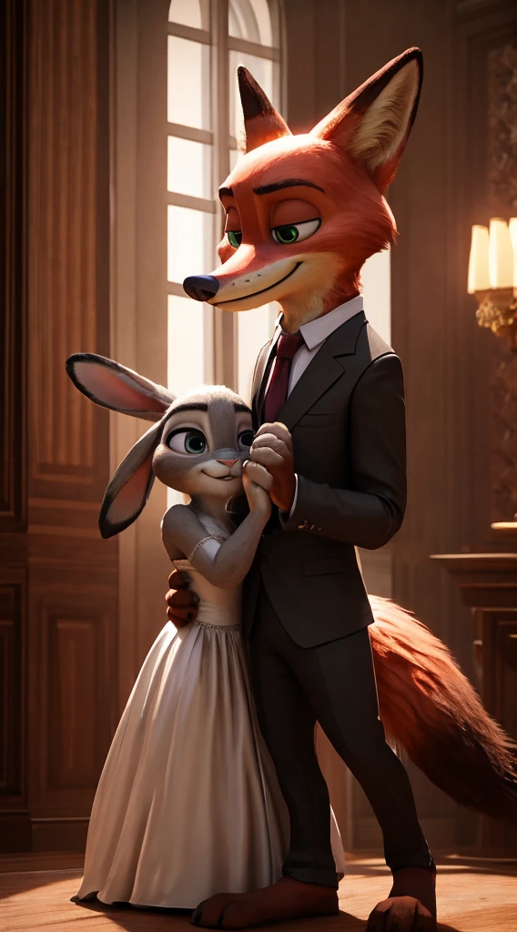 couple, male and female, nick wilde with judy hopps, size difference, small body, bridal dress, standing, smile, room, bunny hands, perfect hands, five fingers on hands, high quality, hyper detailed, 4k, realistic lights, realistic shadows, 3d, unreal engine