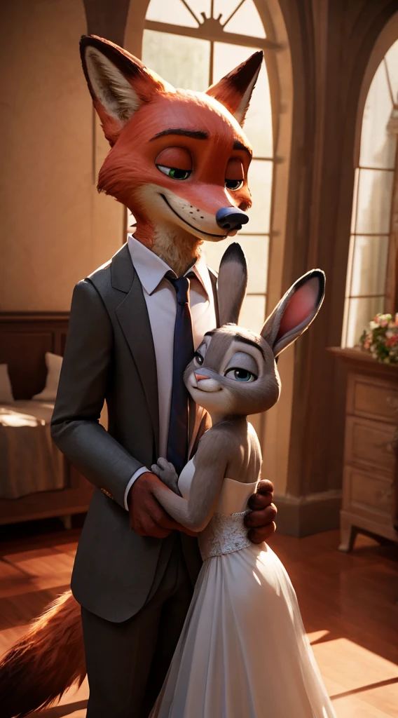 couple, male and female, nick wilde with judy hopps, size difference, small body, bridal dress, standing, smile, room, bunny hands, perfect hands, five fingers on hands, high quality, hyper detailed, 4k, realistic lights, realistic shadows, 3d, unreal engine