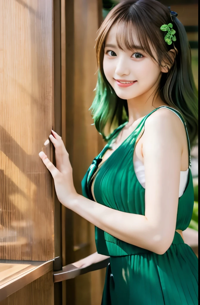 "8K resolution, Masterpiece Quality: 1.2, Photorealsitic: 1.4, Detailed 8k wallpapers, Cinematic lighting, Sharp Focus, Full body, Idol of a 20-year-old Japan, Perfect body, (Green hair), trendy green outfit, luxurious and elegant interior, Fashionable harmony with nature, contemporary furniture with green accents, chic art gallery style, shy smile, Modern Apartment."