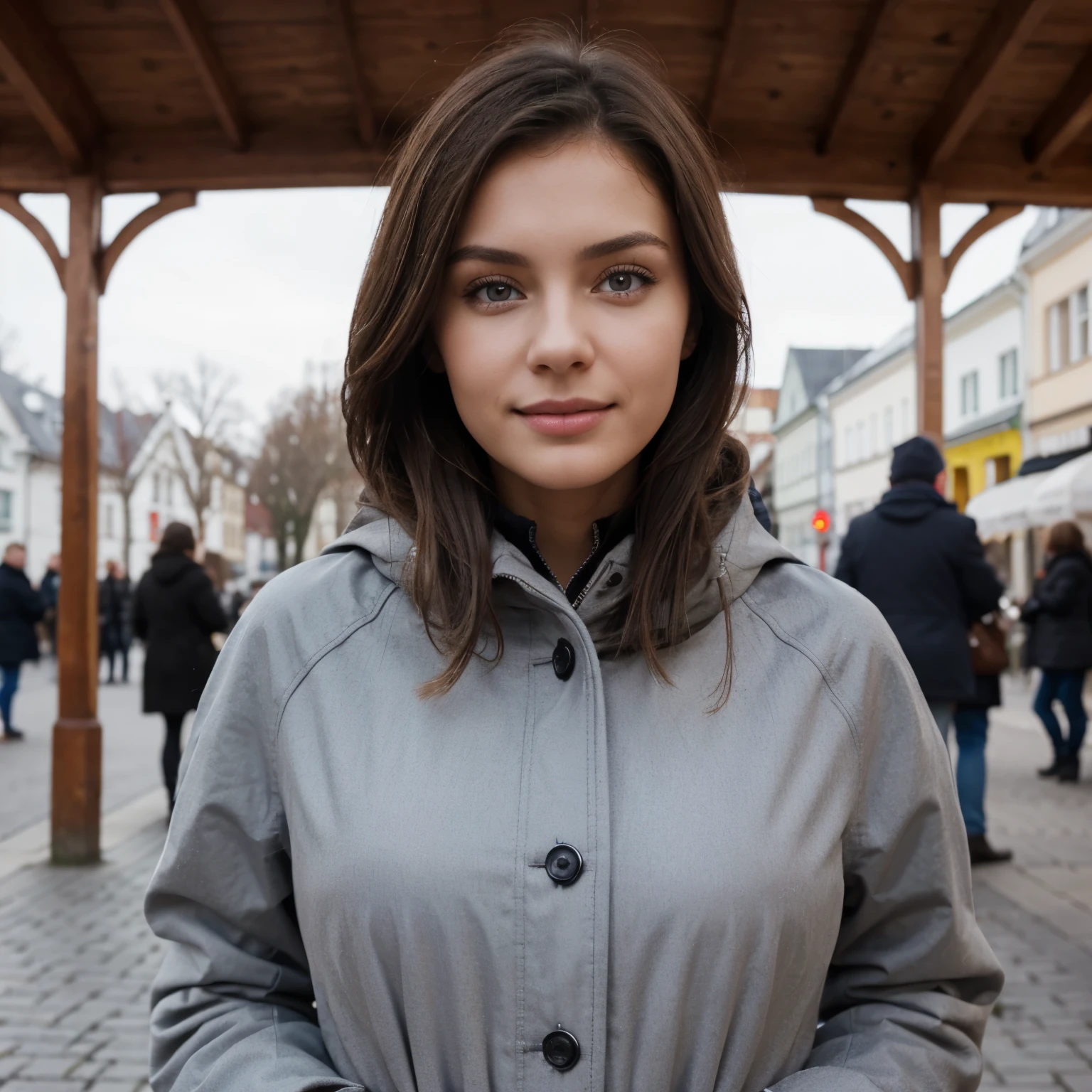 Create a picture of a hot brunette nationality is Russian / Polin. She's out in Bremen wearing a gray coat and just looking around, posing for the camera, White teeth, Blaue Augen