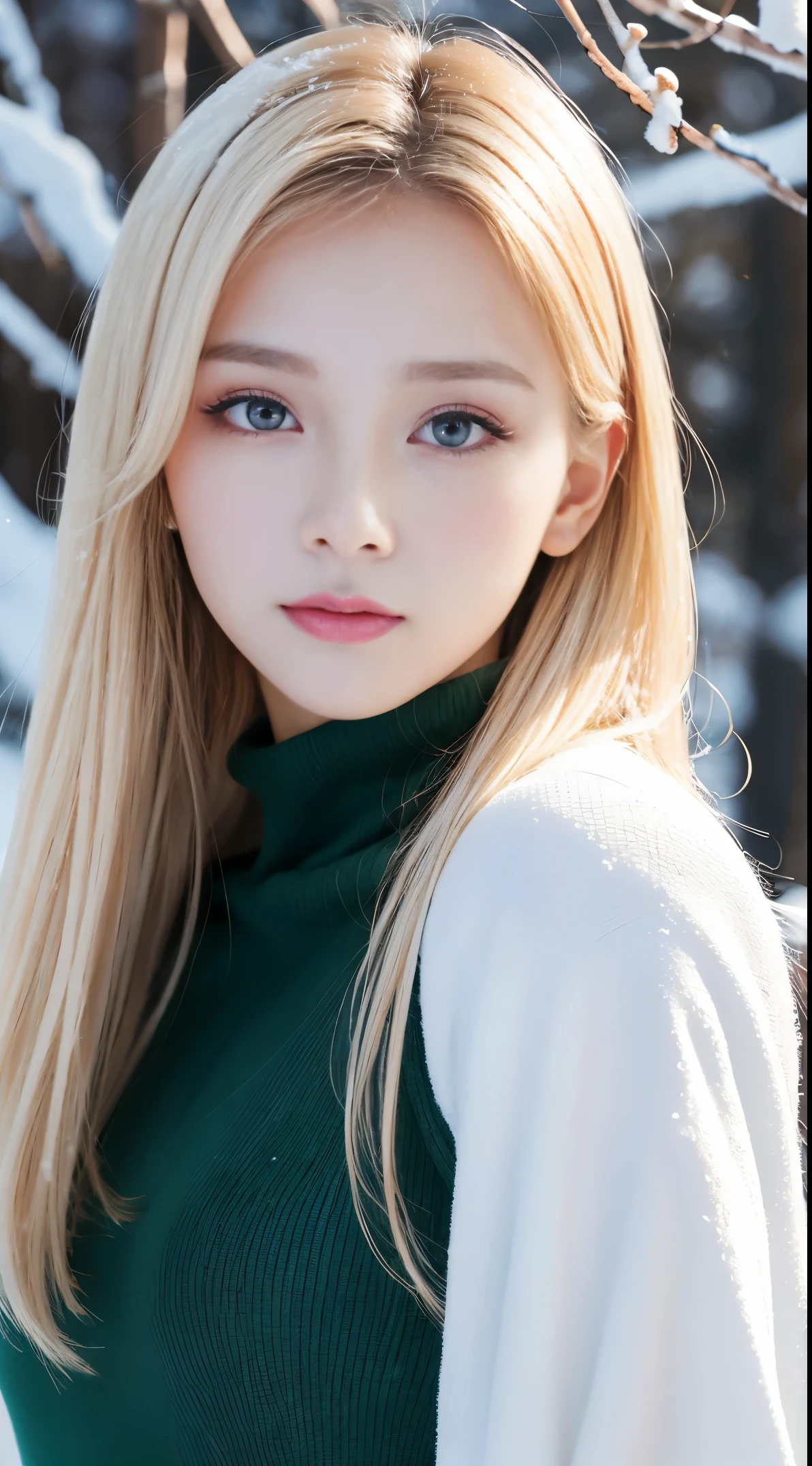 [a white lighting translucent phantom made of snow], dark muted tones, The white, A world covered in snow, branches covered with snow, cold winter touch, Unparalleled beauty, Lustrous firm and shiny skin, Bangs between the eyes, Glossy straight beautiful pale blonde, Perfect body, Super Long Straight Silky blonde Hair, eye line, Sexy beautiful innocent 18 years old, High definition big beautiful bright pale brown eyes, Beautiful and nice girl, Baby face, cute winter dress, emerald color accessaries, detailed decoration, Glossy face, Small face beauty, cowboy body shot,