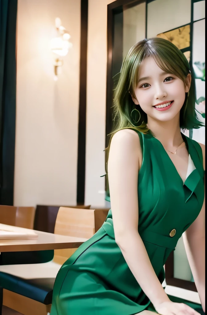 "8K resolution, Masterpiece Quality: 1.2, Photorealsitic: 1.4, Detailed 8k wallpapers, Cinematic lighting, Sharp Focus, Full body, Idol of a 20-year-old Japan, Perfect body, (Green hair), trendy green outfit, luxurious and elegant interior, Fashionable harmony with nature, contemporary furniture with green accents, chic art gallery style, shy smile, Modern Apartment."