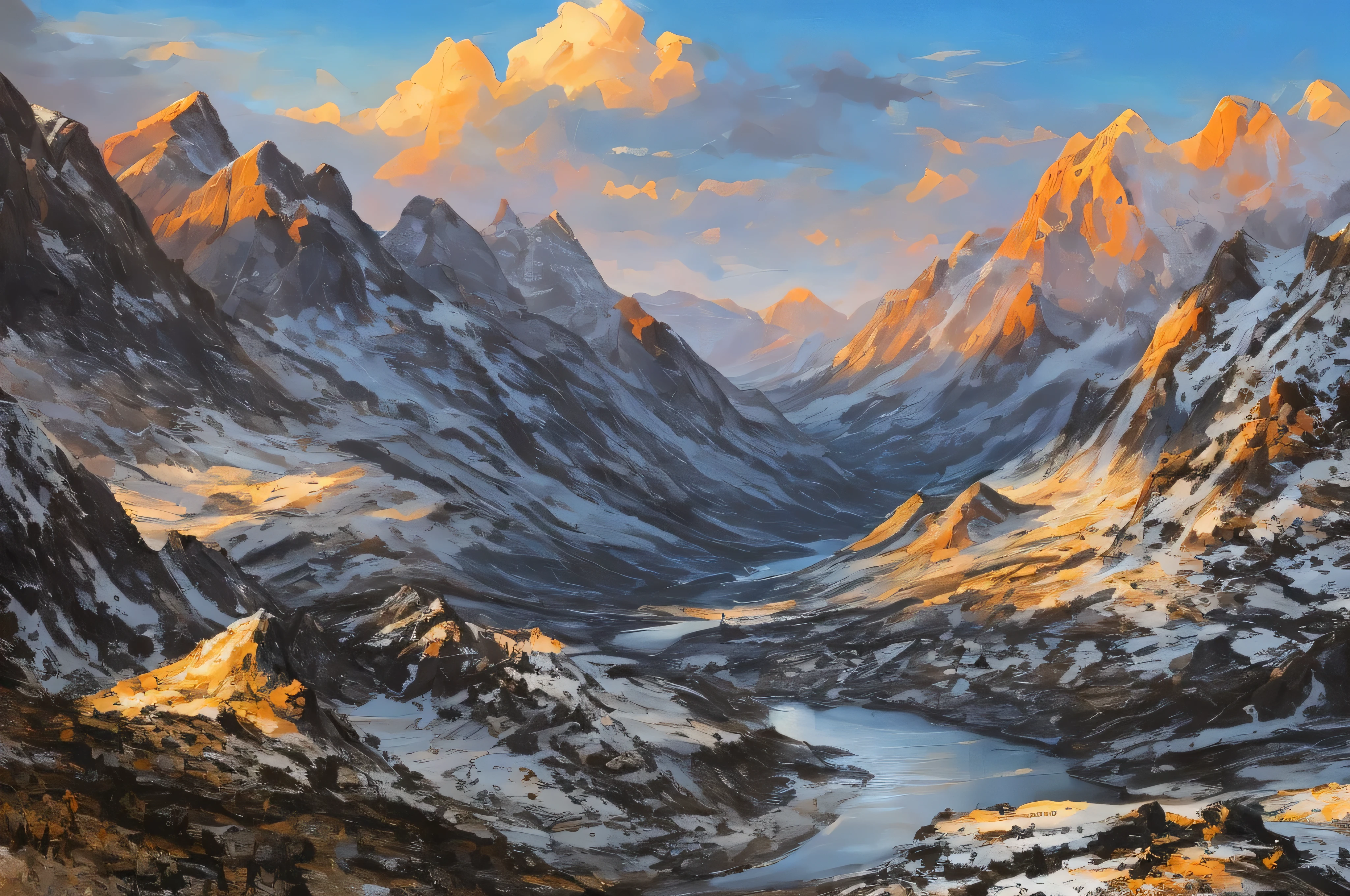 samdoesarts style. physical palette knife painting, thick Oil paint, stunning landscape, vast scale, soft colors, muted contrast, extremely detailed and intricate. rocky mountains, 
view from the mountain ridge, God rays, sharp focus