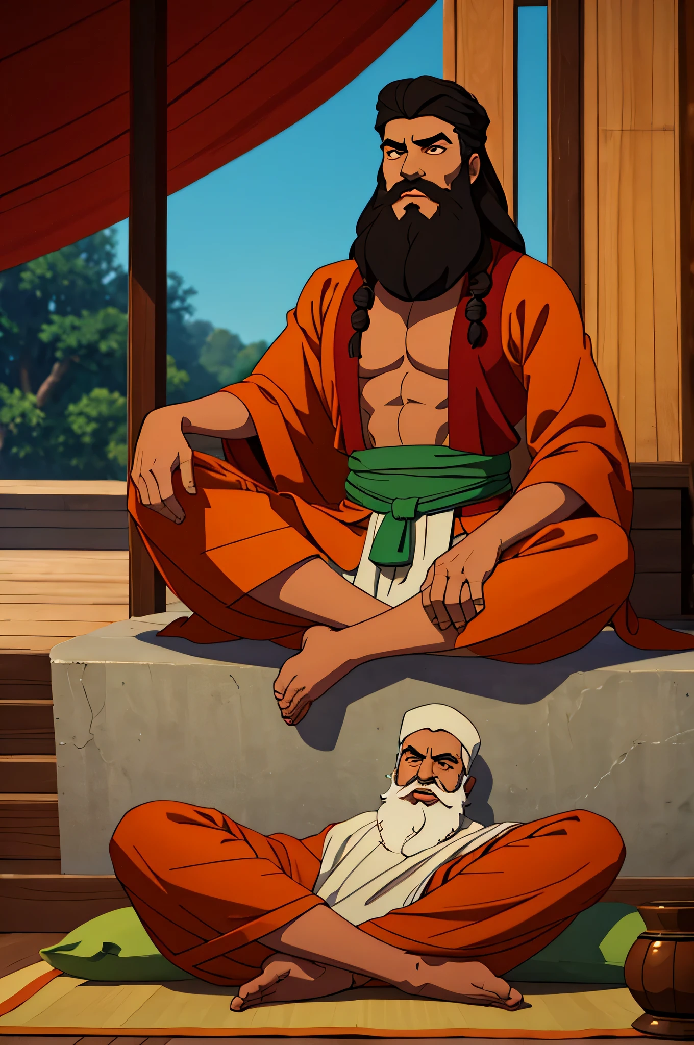 An Handsom bearded Persian yogi talking and sitting wearing orange dhoti, in lotus position while looking at other direction, looking and sitting at other way