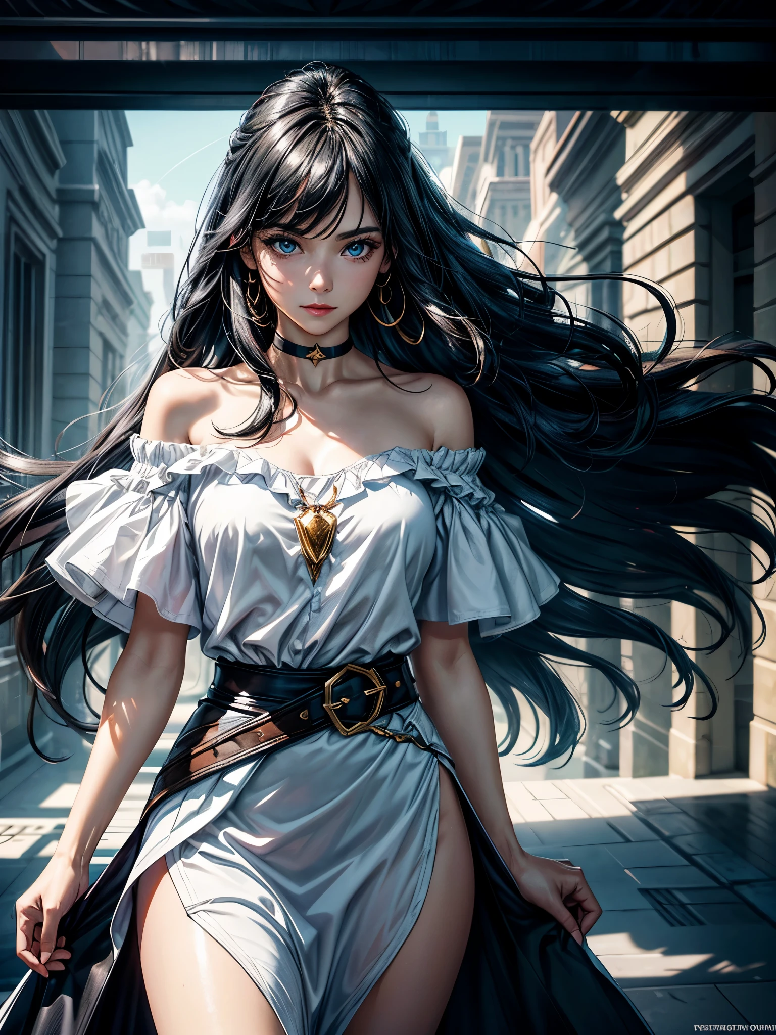 solo, fantasy woman, detaild beautifu face and eyes, off shoulder white shirt and skirt, black hair, long hair, floating hair, shiny hair, jewelry, light smile, Conceptual art, cinematic lighting, jpeg artifacts, Eye-Level Shot, drop shadow, depth of field, hyperrealism, masterpiece, retina, ccurate, best quality, highres, 4K, super detail