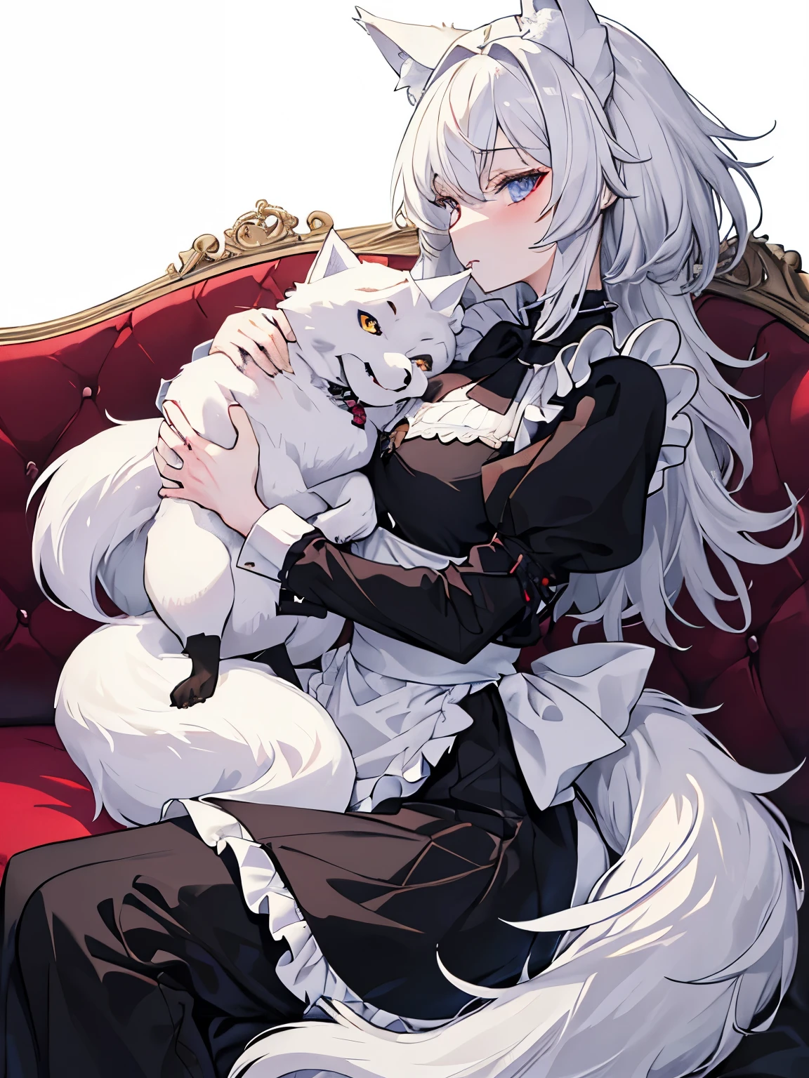 masterpiece, best quality, high quality, perfect anatomi, 1girl, mature female, large breas, medium hair, white hair, wolf ears, wolf tails, gothic shoujo anime girl, anime girl in maid outfit, white background,