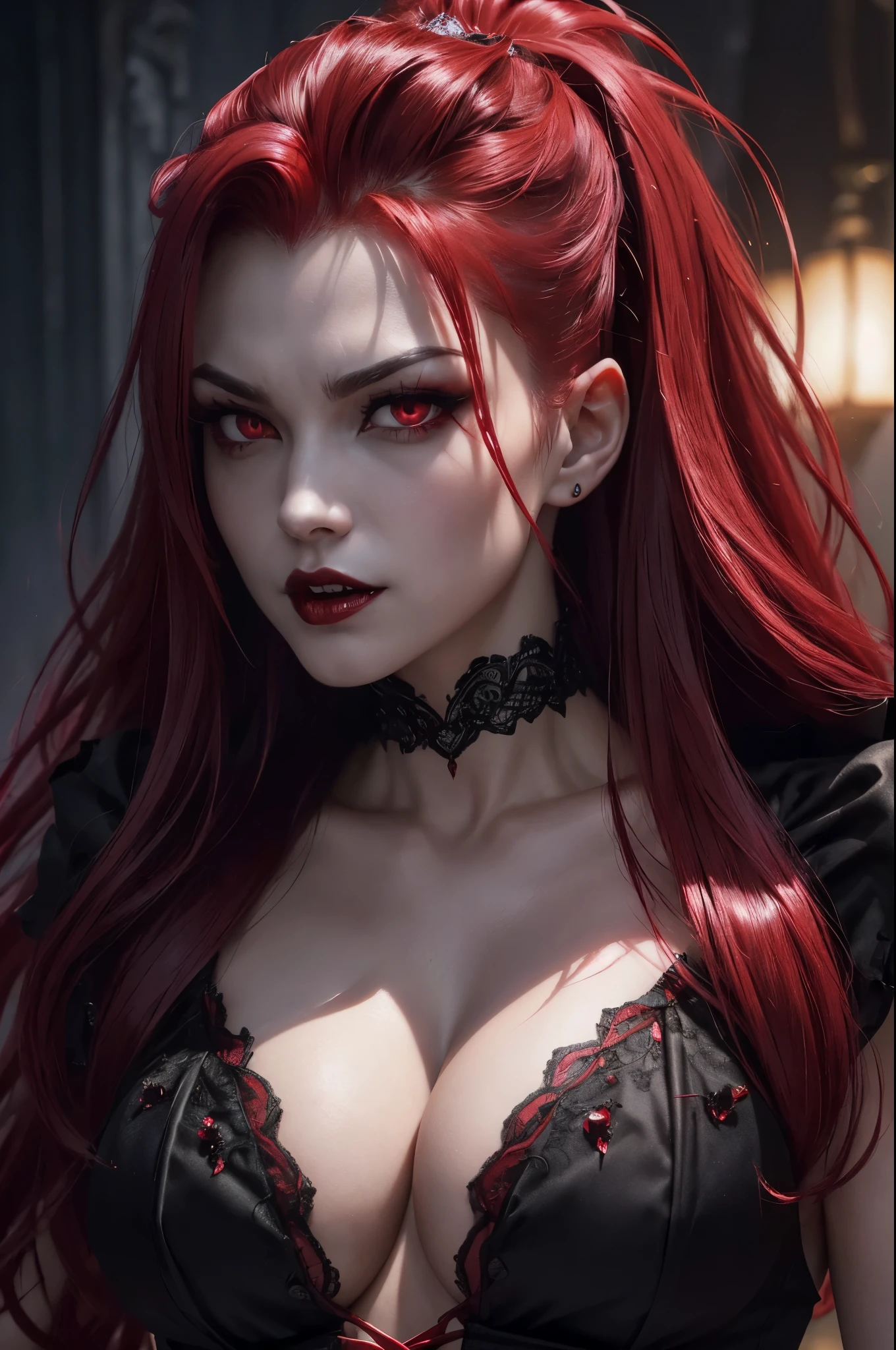 8K,(Sharp Focus：1.1） vampire queen,（(His mouth was covered in blood)）， Blood drop， Blood-stained hair， Ruby tiara， laced dress， Cleavage is seductive， Looking， dark shadow， Intensity， fanaticism， 8K， high quarity， intricate detailes， closeup cleavage， Glowing red eyes，You can see the vampire&#39;s big fangs,Emphasizes cleavage,Maniacalの笑顔の口から吸血鬼の牙,超A high resolution,super realistic skin,Maniacal,bright red mohawk hair,combat scene,action scene,actionpose,