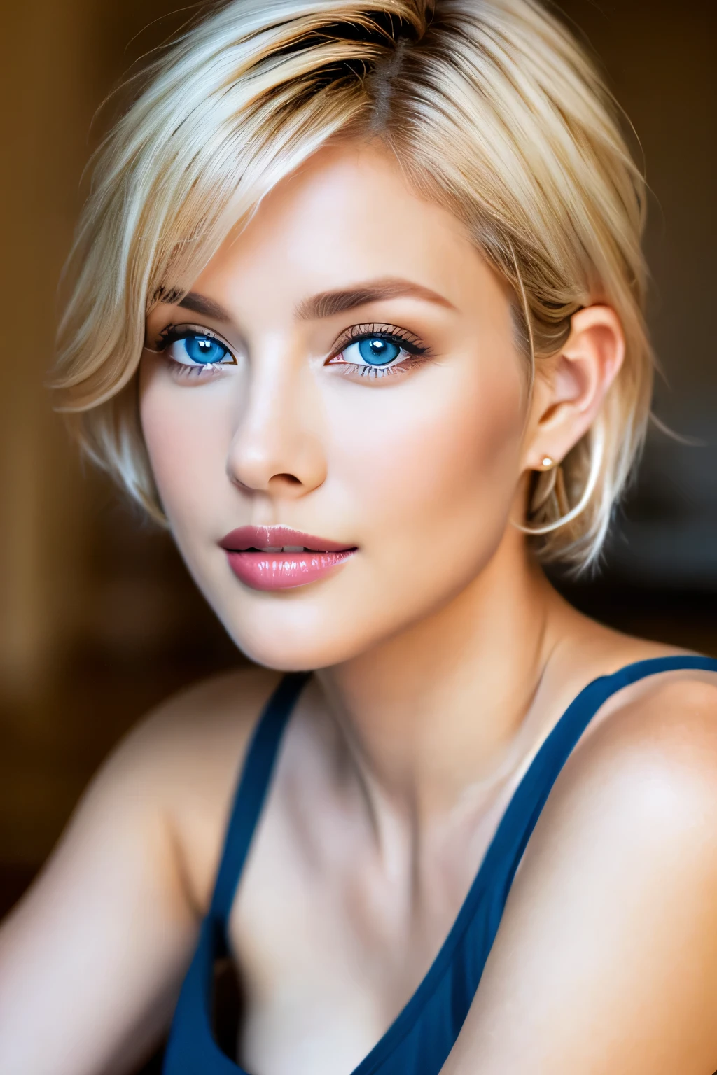 (top-quality,8K,masterpiece),
A woman sitting on a chair with her legs wide open,
Very beautiful Caucasian woman,Very beautiful face,face perfect,A detailed face,30-years old,(A detailed eye,Detailed lips,lipgloss),
Very white skin,Blue eyes,
Colossal tits,Emphasizes cleavage,
so short hair,a pixie cut_boyish,a blond,