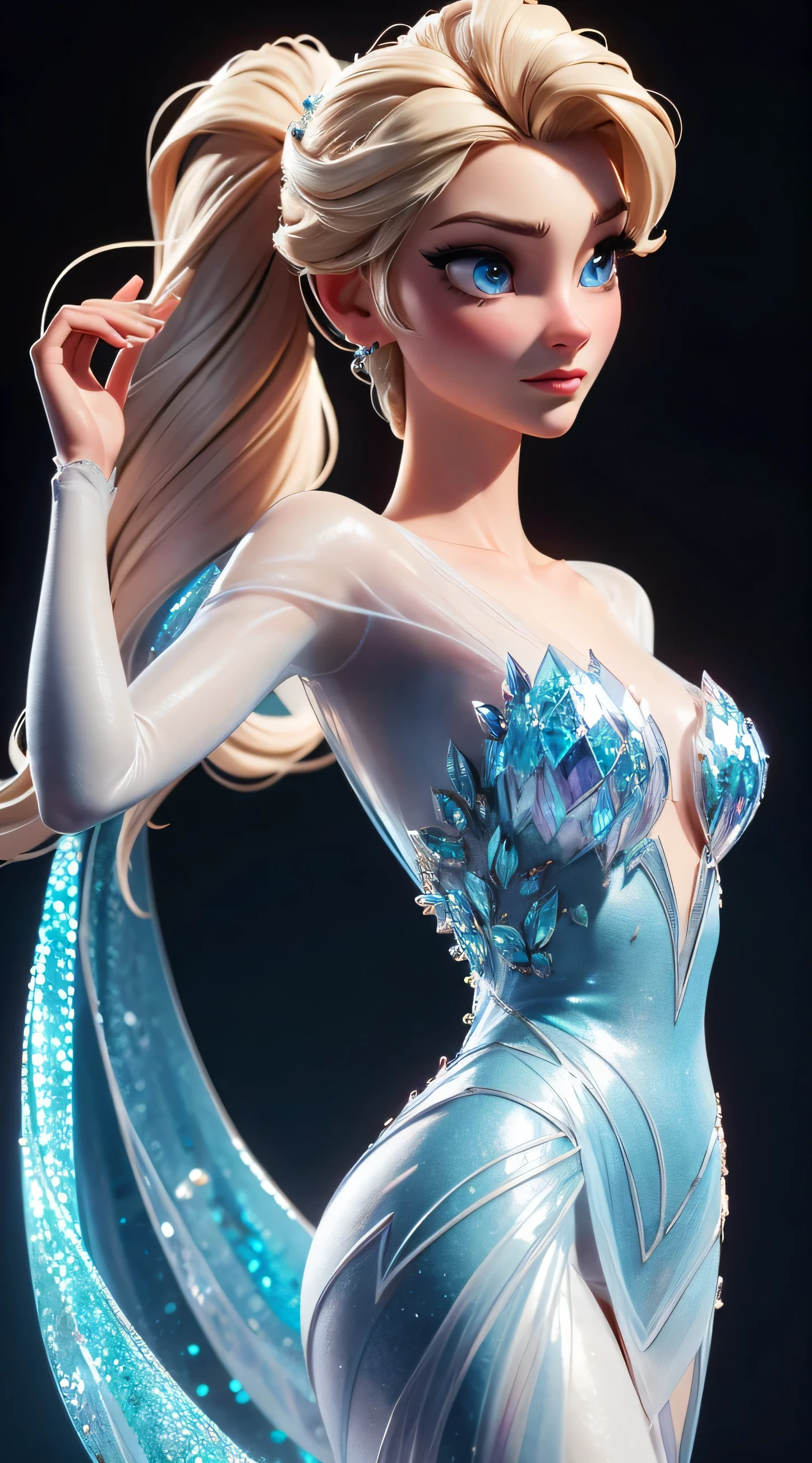 Envision Elsa in a graceful pose, crystal chest chest Elsa, cute smile, serious and cute smile, beautiful elsa, , her back partially arched, showcasing the elegance of her Blue Diamond (Crystal) Dress from Frozen. This scene is inspired by the LORA Model Elsa, capturing the beauty of a realistic animated 3D representation. The image is a partial back arch, chest up, highlighting the intricate details of Elsa's dress and the regal posture of the Frozen queen. With lifelike realism, Elsa's expression and pose convey a sense of enchantment and grace,,(nsfw:1.5),