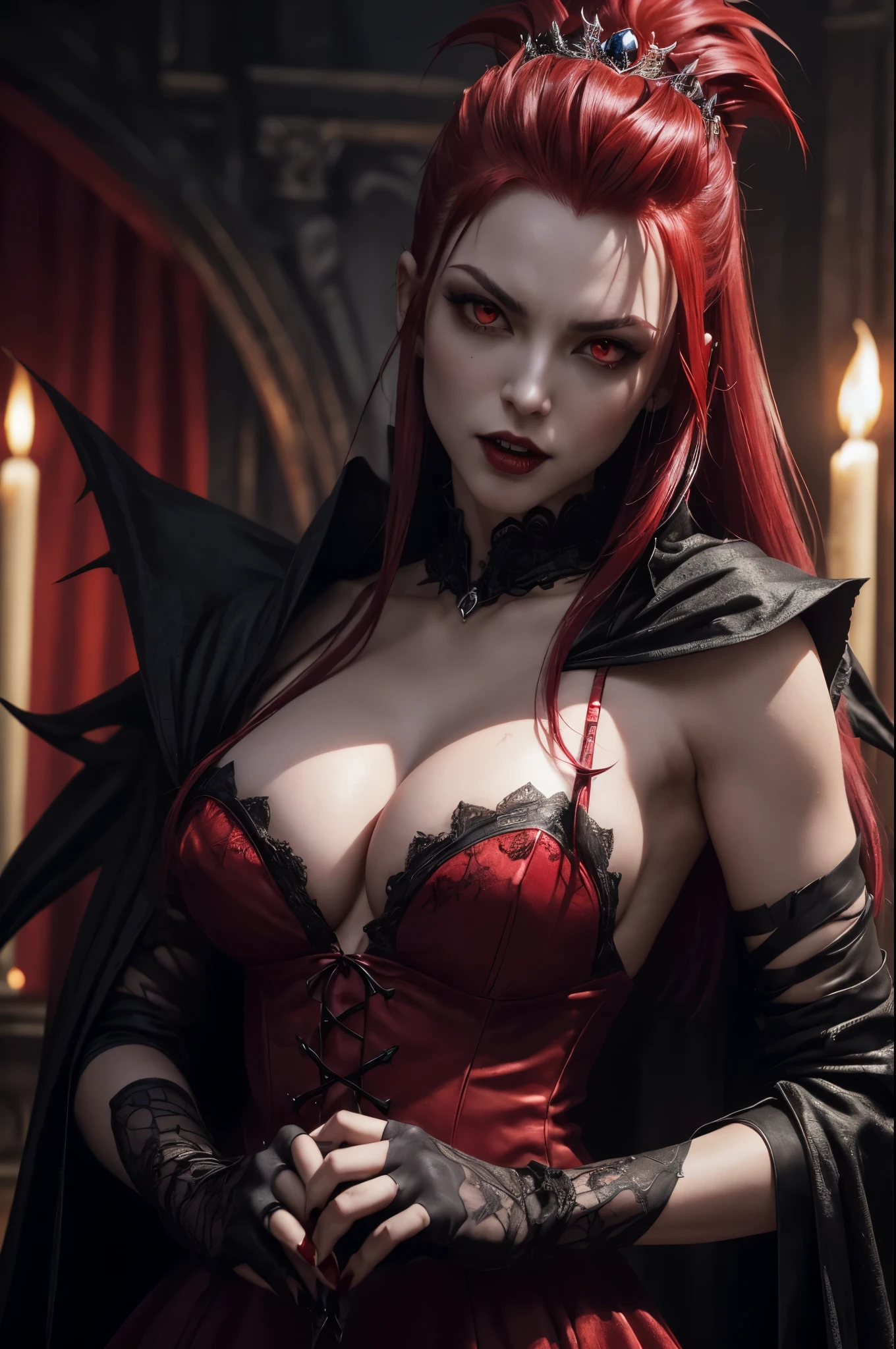 8K,(Sharp Focus:1.1) vampire queen,((His mouth was covered in blood)), Blood drop, Blood-stained hair, Ruby tiara, laced dress, Cleavage is seductive, Looking, dark shadow, Intensity, fanaticism, 8K, high quarity, intricate detailes, closeup cleavage, Glowing red eyes,You can see the vampire's big fangs,Emphasizes cleavage,Maniacalの笑顔の口から吸血鬼の牙,超A high resolution,super realistic skin,Maniacal,bright red mohawk hair,combat scene,action scene,actionpose,