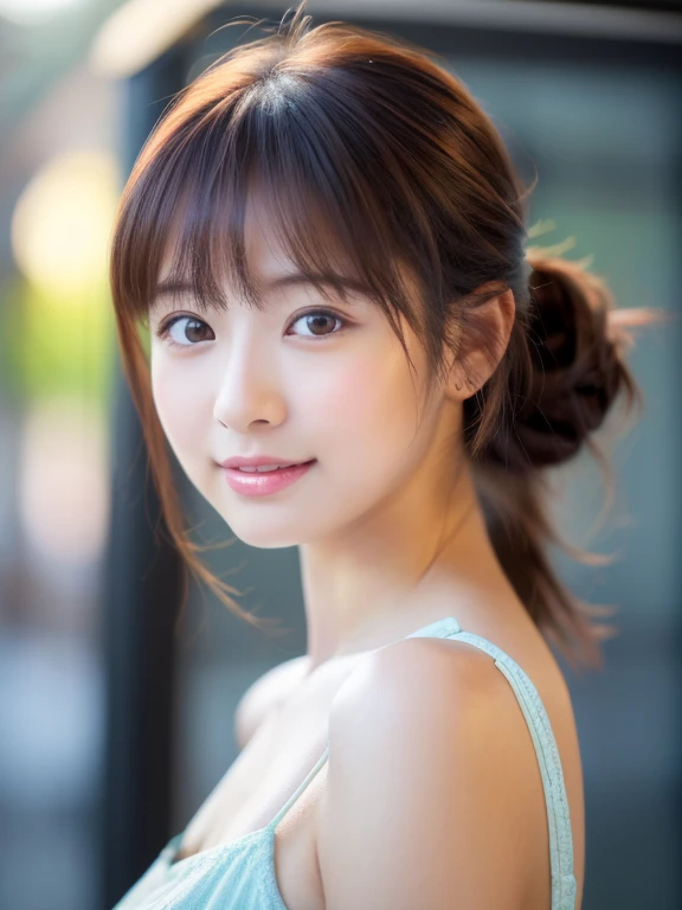 ((cute little日本の女の子、Beautiful japanese girl、1 girl in、age19、poneyTail、Highly detailed facial and skin texture、refinement、hyperdetailed face、ultradetailed eyes、blusher、blush、teak、ピンクのteakを塗った頬、close-up of woman、bustup、frontageを向いている顔、frontageを向いている体、Looking at the camera、frontage、cute little、smooth white skin、Transparent skin texture、))、(dark brown  hair、bangss)、Beautiful Women in Perfect Style：1.4、Japanese Models、Young gravure idols、若いcute littleグラビアアイドル、Realistic Young Gravure Idol、refinementされたグラビアアイドル、((top-quality、in 8K、​masterpiece:1.3、１Photo))、(4K、RAW Photography、top-quality)、(reallistic、フォトreallistic:1.37)、Place a person on the other side of the screen、natural soft light、upper body and head、refinement、