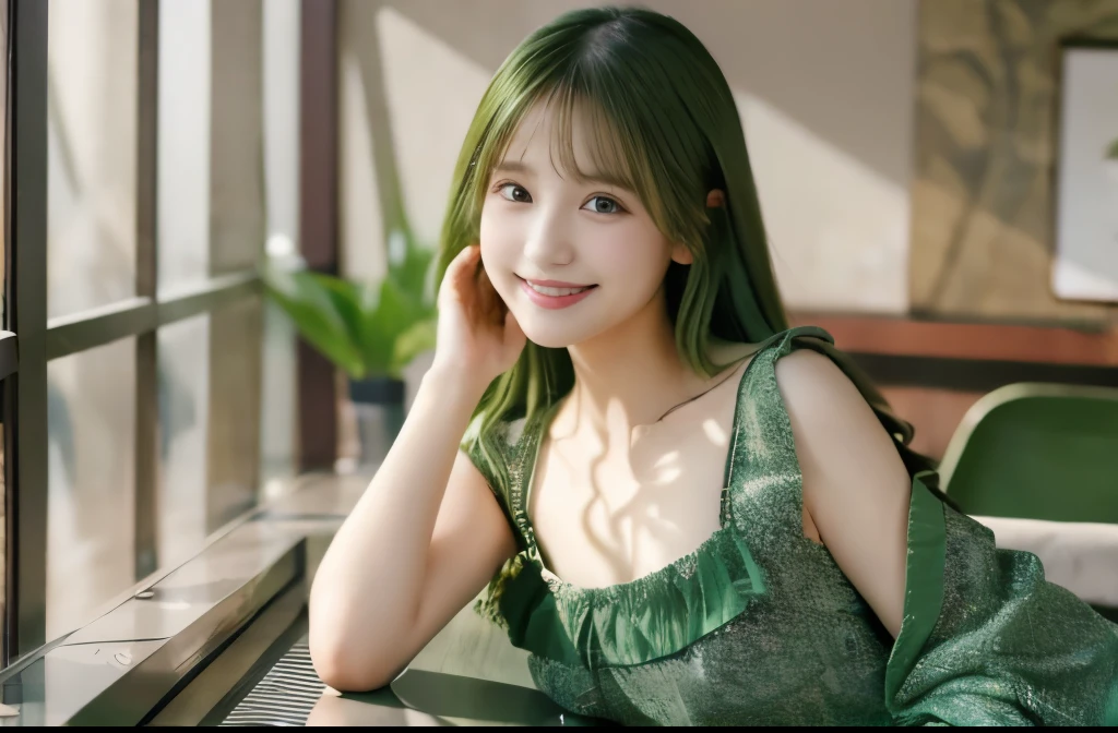 "8K resolution, Masterpiece Quality: 1.2, Photorealsitic: 1.4, Detailed 8k wallpapers, Cinematic lighting, Sharp Focus, Full body, Idol of a 20-year-old Japan, Perfect body, (Green hair), trendy green outfit, luxurious and elegant interior, Fashionable harmony with nature, contemporary furniture with green accents, chic art gallery style, shy smile, Modern Apartment."