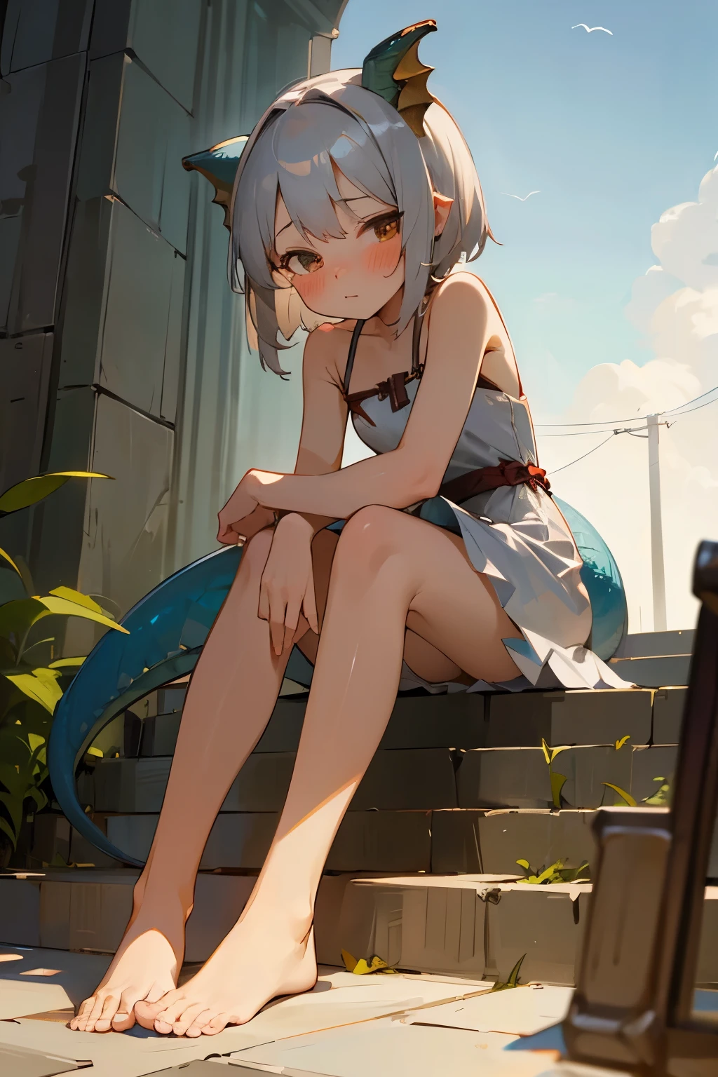 ((masterpiece)), (best quality), from below, (outdoor), (Dragon costume), cute Loli, blush, short silver hair, short silver dress with straps, thin legs, (sitting on stairs), open legs, barefoot, white panties, at night