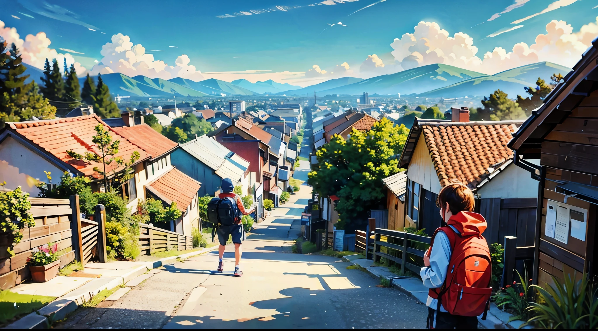 1 ADVENTURER WITH BACKPACK ON HIS BACK, ENTERS A SMALL TOWN, HAS HIS BACK, IN THE CENTER OF THE IMAGE, ENTERING A PEACEFUL AND UNKNOWN TOWN, FOCUS ON THE LANDSCAPE, HIGHLY DETAILED