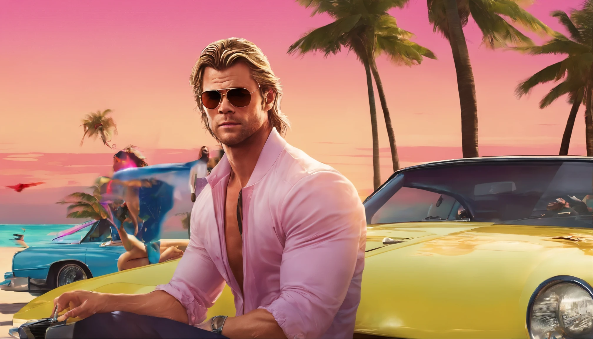 A photorealistic portrait of Chris Hemsworth, styled in a Miami Vice-inspired look, captured by Austin English in his signature minimalist style. Hemsworth wears a cobalt white button-down shirt and matching bomber jacket, the color echoing the Miami sky behind him. His hair tousled by the ocean breeze, and his gaze smolders with an intensity that could melt glaciers. He sits in a yellow Lamborghini with ruby red interior. A beautiful latina girl in a bikini sits next to him while wearing aviator sunglasses. The palm trees lining South Beach frame the shot, while hinting at Hemsworth's jet-set lifestyle. The overall vibe a blend of masculine charm, carefree luxury, and a touch of danger, reminiscent of classic 80s action movies.