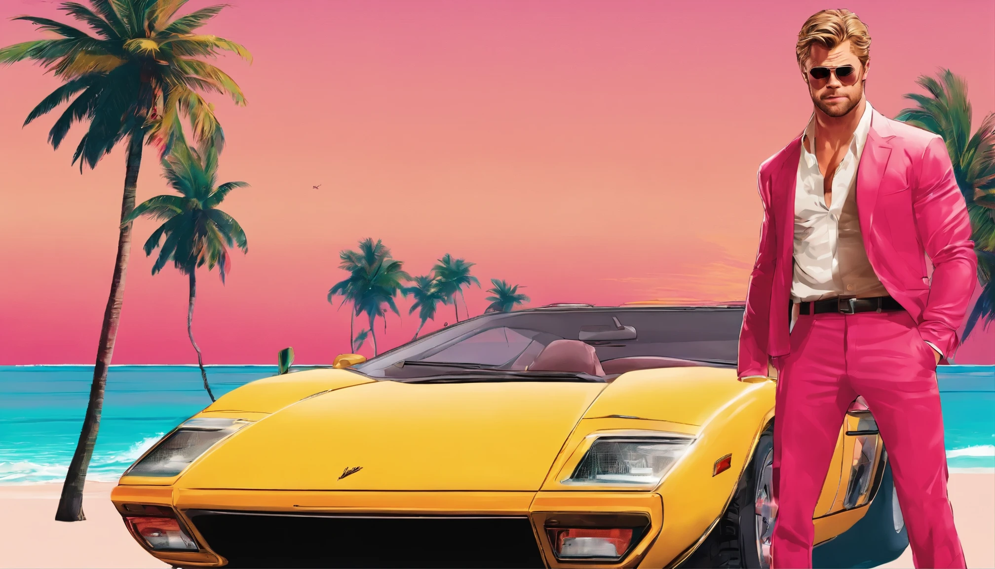A photorealistic portrait of Chris Hemsworth, styled in a Miami Vice-inspired look, captured by Austin English in his signature minimalist style. Hemsworth wears a cobalt white button-down shirt and matching bomber jacket, the color echoing the Miami sky behind him. His hair tousled by the ocean breeze, and his gaze smolders with an intensity that could melt glaciers. He sits in a yellow Lamborghini with ruby red interior. A beautiful latina girl in a bikini sits next to him while wearing aviator sunglasses. The palm trees lining South Beach frame the shot, while hinting at Hemsworth's jet-set lifestyle. The overall vibe a blend of masculine charm, carefree luxury, and a touch of danger, reminiscent of classic 80s action movies.