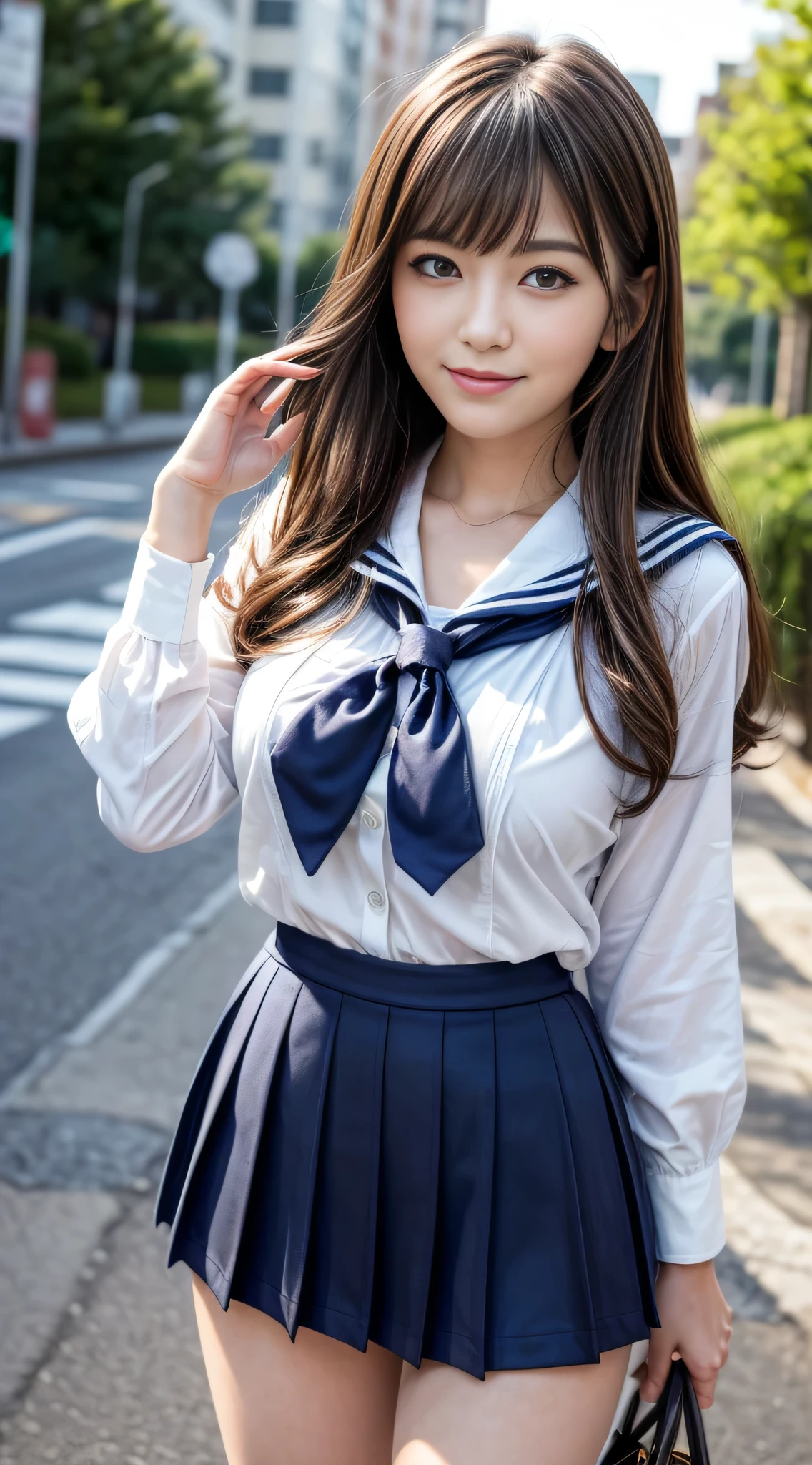 ((top-quality、8K、masterpiece:1.3))、foco nítido:1.2、Beautiful Women in Perfect Style:1.4、Slender Abs:1.2、((dark brown hair、Colossal tits:1.2))、(natural soft light、City Street:1.1)、Highly detailed facial and skin texture、A detailed eye、二重まぶた、Sexy schoolgirl in miniskirt sailor suit、A slight smil