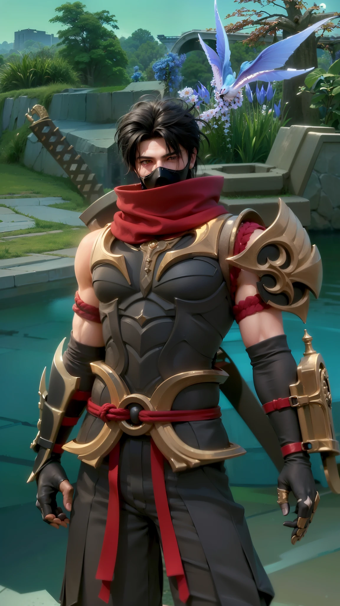 masculine male, masterpiece, ((perfect eyeest quality, (semirealism:1.9), beautiful lighting, (extremely detailed CG unity 4k fhd wallpaper), High Detail, Sharp focus, dramatic outdoors, 1 boy ,19 years old, black hair, light purpel eyes, Attractive profile picture, masterpiece, ultra-precise rendering, beautiful and cool young man, trustworthy, dependable young man, savior of the world, design, most beautiful image, 4K, light green eyes, the color of the clothes is the same as the original, demon ninja, demon armor.
