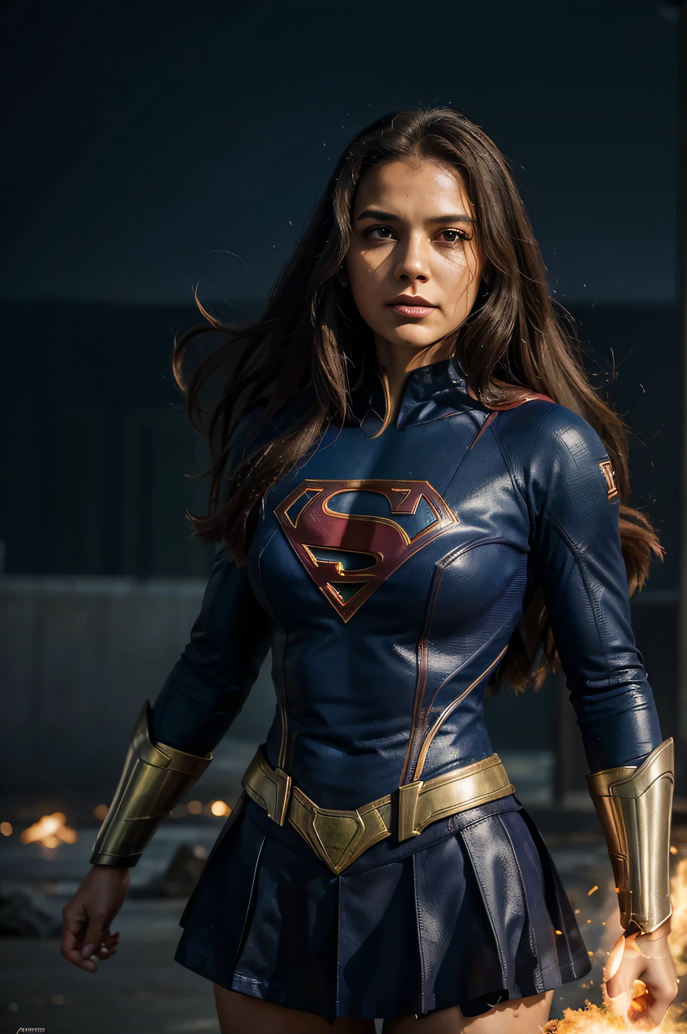 A fusion between Storm and Supergirl would result in a truly powerful and impressive heroine. Imagine uma figura majestosa, com Supergirl'The strength and determination combined with Storm's climactic powers and imposing presence. This heroine would have radiant skin and long hair, que flutuariam ao vento como se estivessem em constante movimento. His costume would be a mix of iconic elements from both characters...., combining the classic "s" da Supergirl com tons de azul e branco que evocam a natureza tempestuosa da Tempestade. Em termos de personalidade, This heroine would be a natural leader, with an unwavering sense of justice and fierce determination. She would be compassionate and selfless, but would also have an aura of authority and wisdom, fruit of her experiences as a defender of her people. Quanto aos poderes, This merger would have the best of both worlds. Ela seria capaz de voar em alta velocidade, has super strength and invulnerability, Supergirl characteristics, in addition to controlling the climate, criar tempestades e manipular os elementos, herdando os poderes da Tempestade. This heroine would be an unstoppable force, capable of inspiring hope and protecting the world from threats of all types. His presence would be striking, transmitindo coragem, compassion and unwavering determination. She would be a true keeper, able to face challenges with grace and power, becoming a symbol of hope for all.