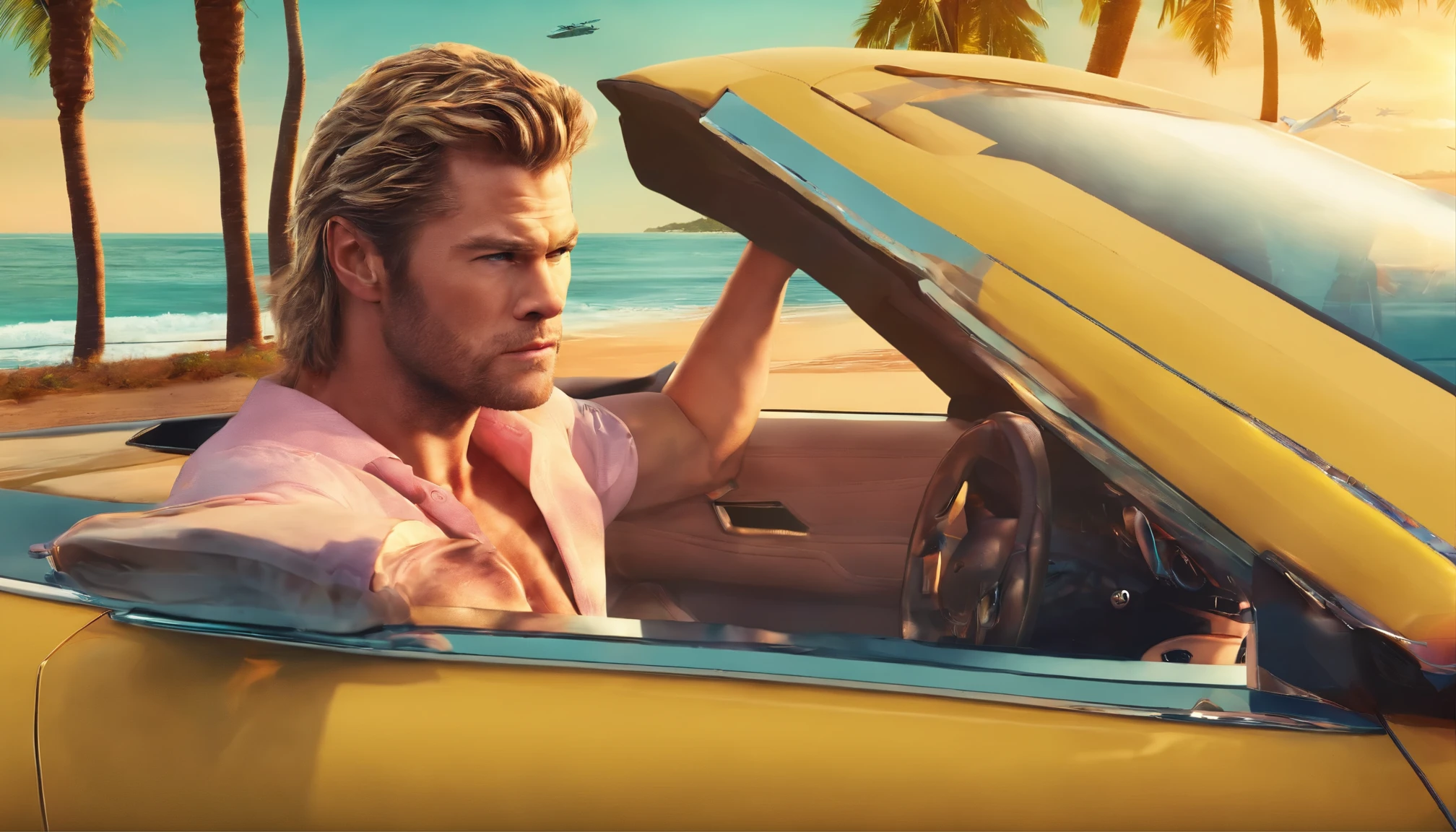 A photorealistic portrait of Chris Hemsworth, styled in a Miami Vice-inspired look, captured by Austin English in his signature minimalist style. Hemsworth wears a cobalt white button-down shirt and matching bomber jacket, the color echoing the Miami sky behind him. His hair tousled by the ocean breeze, and his gaze smolders with an intensity that could melt glaciers. He sits in a yellow Lamborghini with ruby red interior. A beautiful latina girl in a bikini sits next to him while wearing aviator sunglasses. The palm trees lining South Beach frame the shot, while hinting at Hemsworth's jet-set lifestyle. The overall vibe a blend of masculine charm, carefree luxury, and a touch of danger, reminiscent of classic 80s action movies.