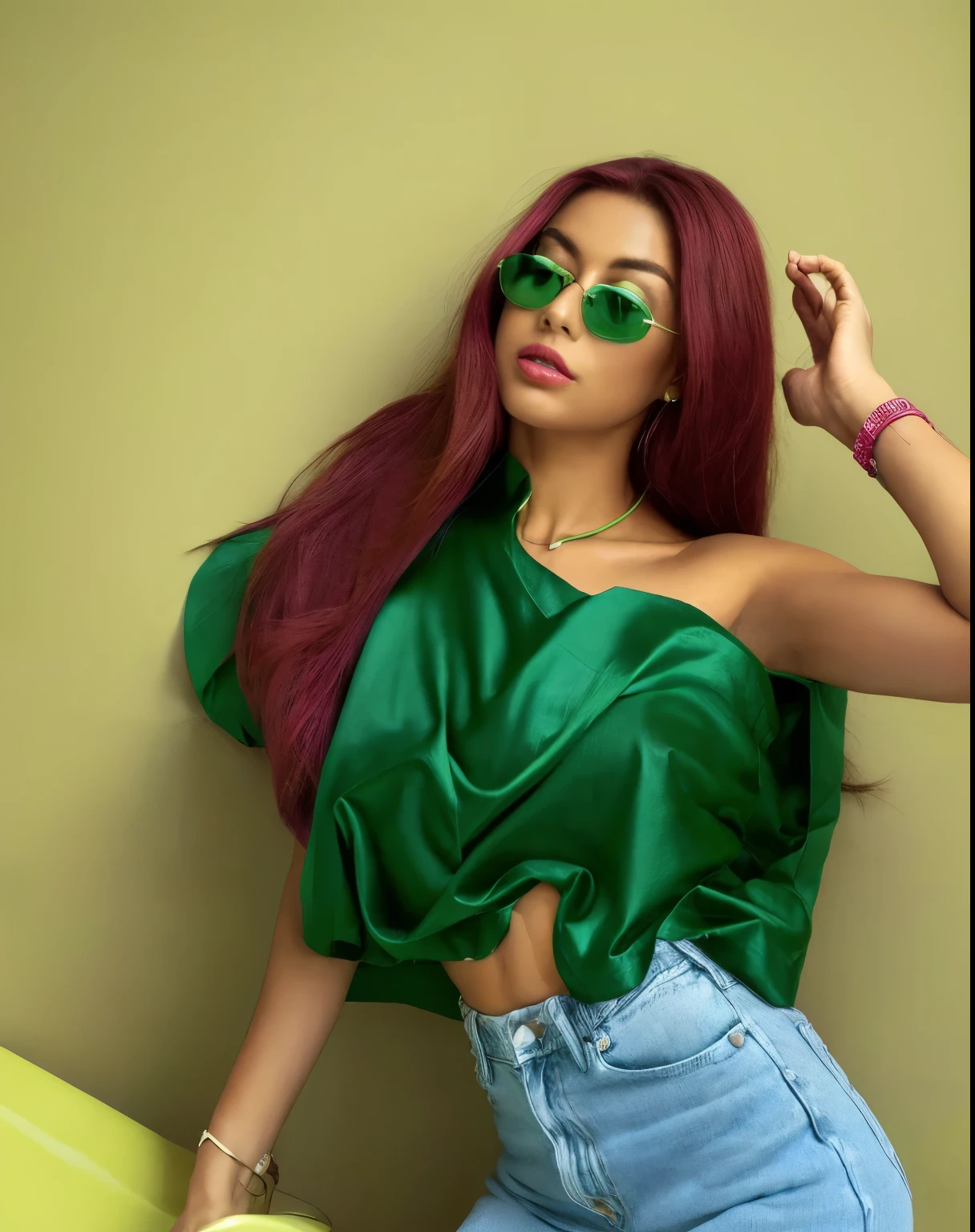 a woman with red hair wearing a green top and jeans posing for a picture, green top clothes, magenta shirt, green halter top, neon green, green, loose - fitting blouses, green shirt, flowing neon-colored silk, shoulder, official, fancy top, vibrant aesthetic, gorgeous lady, off the shoulder shirt, green body, crop top