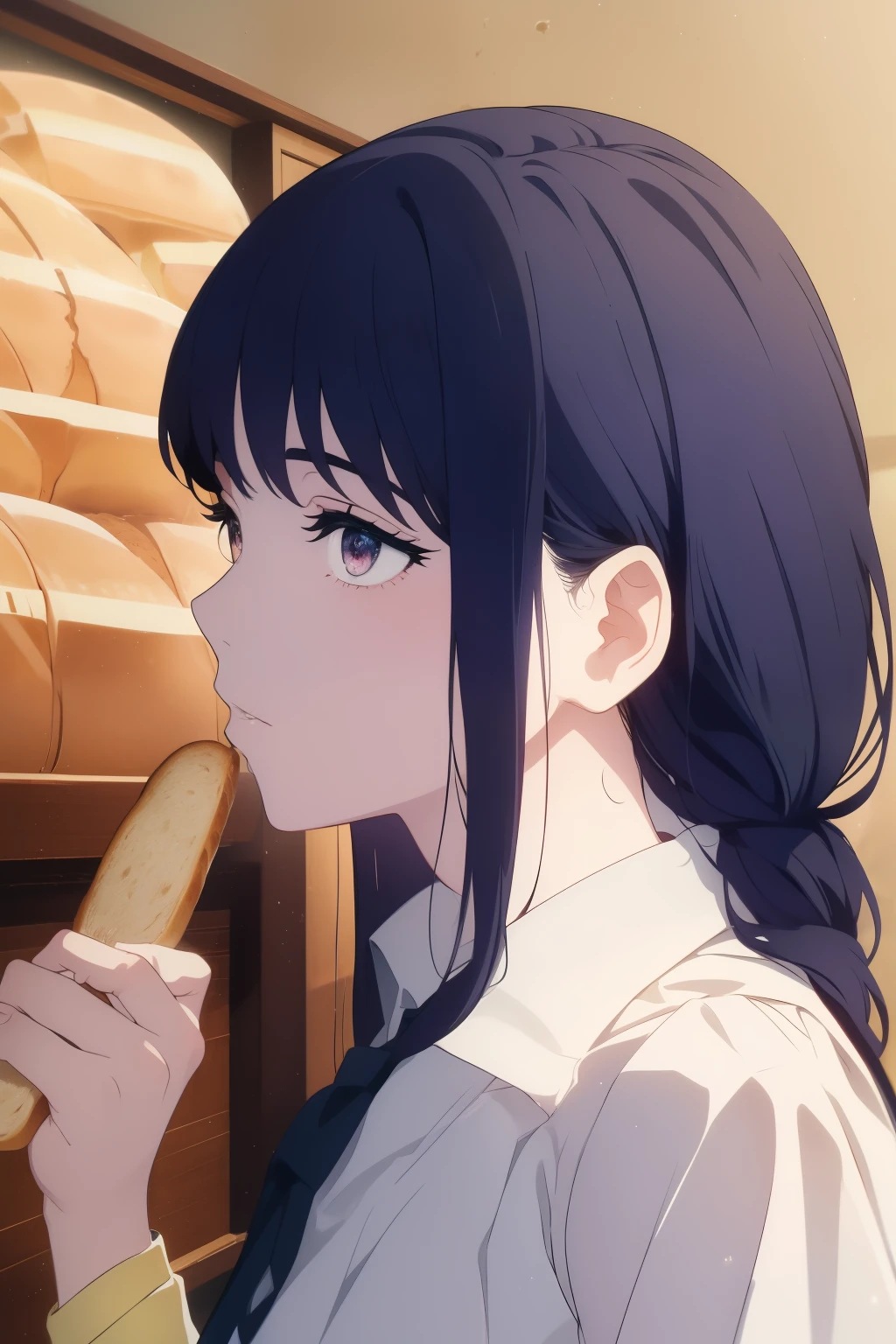 ((Obra maestra, La mejor calidad, ultrahigh resolution)), 1girl, standing, dark blue hair, school uniform, ((toast in mouth, bread in mouth)), side view, (outside), (happy)
