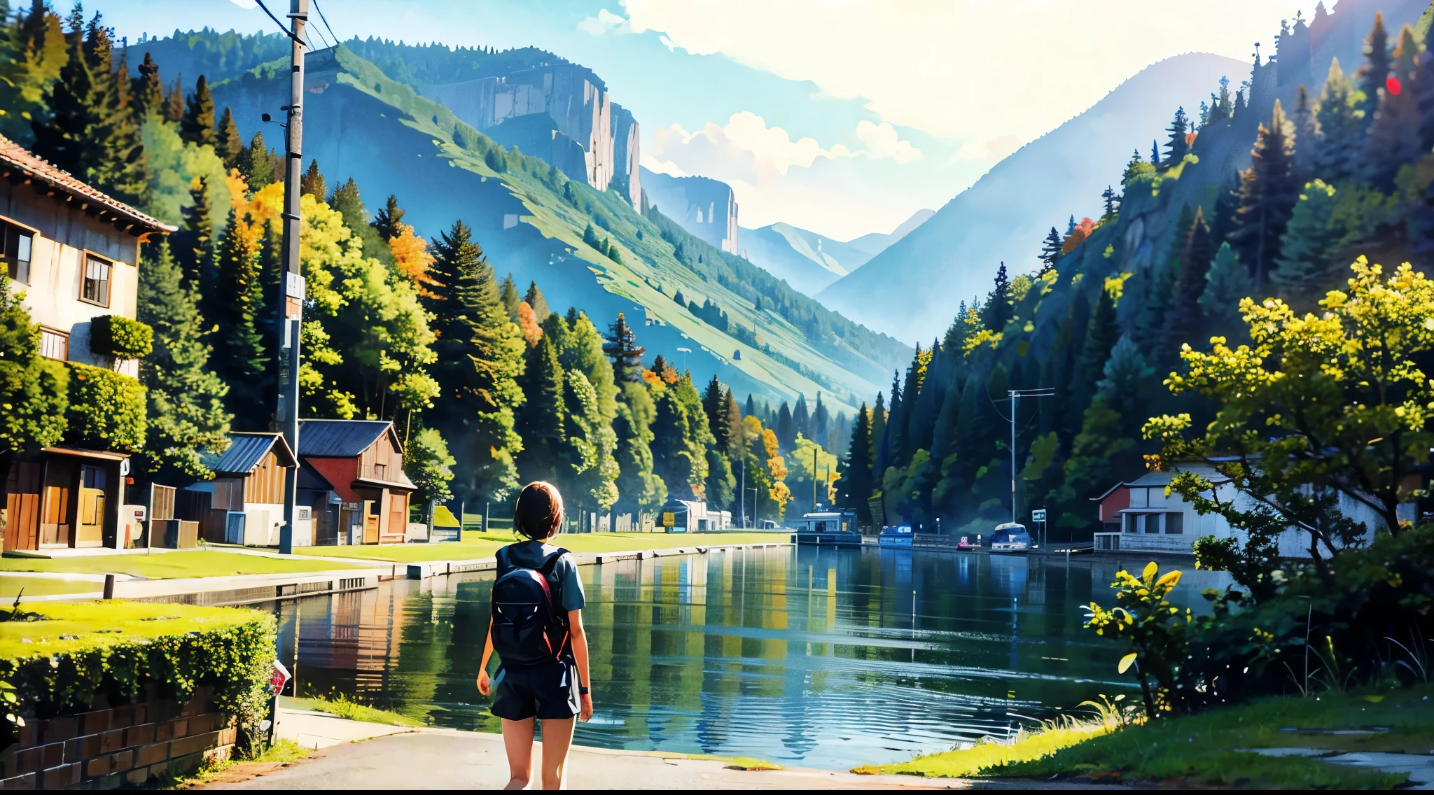 1 ADVENTURER WITH BACKPACK ON HIS BACK, ENTERS A SMALL TOWN, HAS HIS BACK, IN THE CENTER OF THE IMAGE, ENTERING A PEACEFUL AND UNKNOWN TOWN, FOCUS ON THE LANDSCAPE, HIGHLY DETAILED