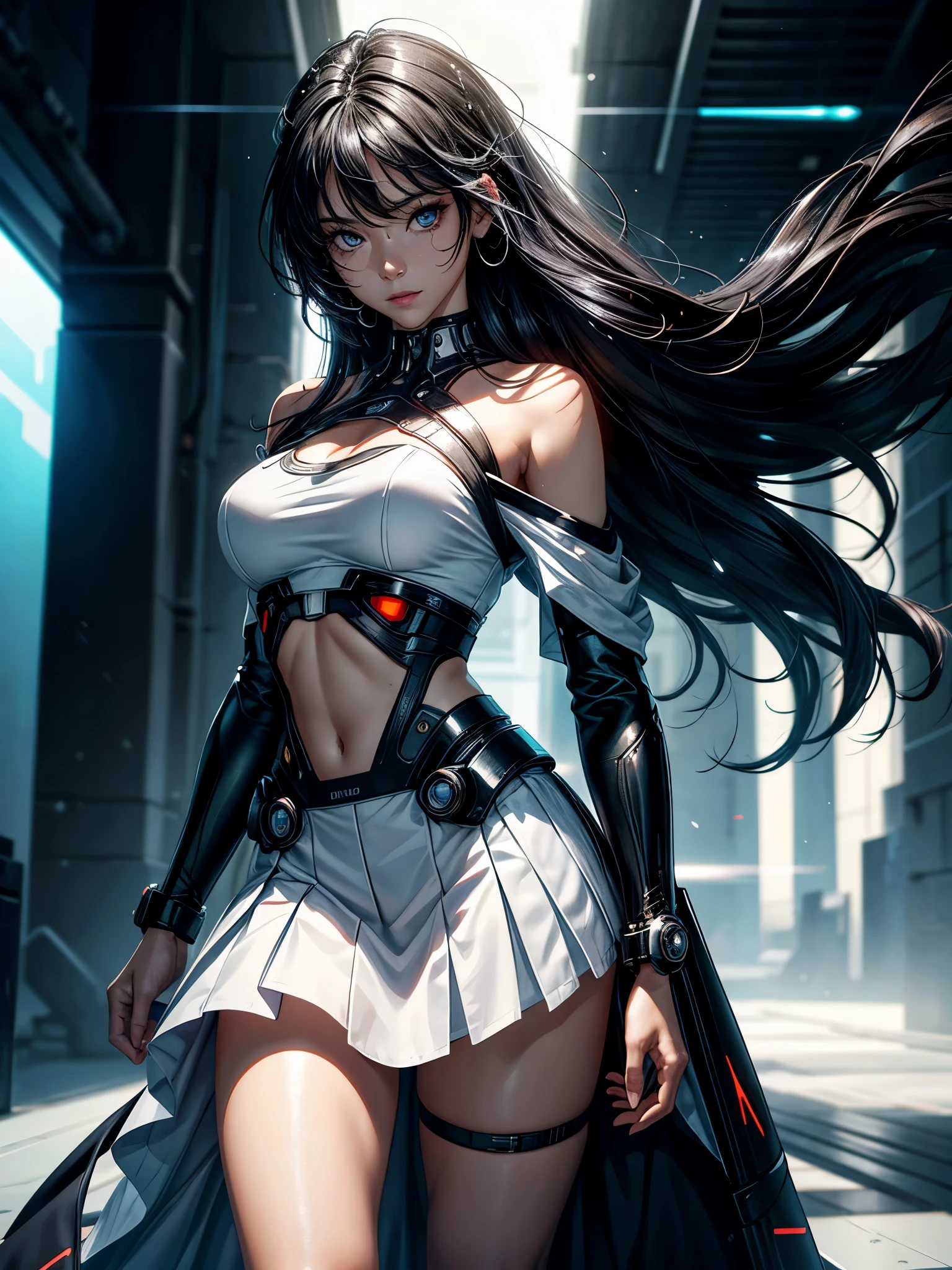 solo, Cyborg woman, detaild beautifu face and eyes, off shoulder white shirt and skirt, black hair, long hair, floating hair, shiny hair, jewelry, light smile, Conceptual art, cinematic lighting, jpeg artifacts, Eye-Level Shot, drop shadow, depth of field, hyperrealism, masterpiece, retina, ccurate, best quality, highres, 4K, super detail