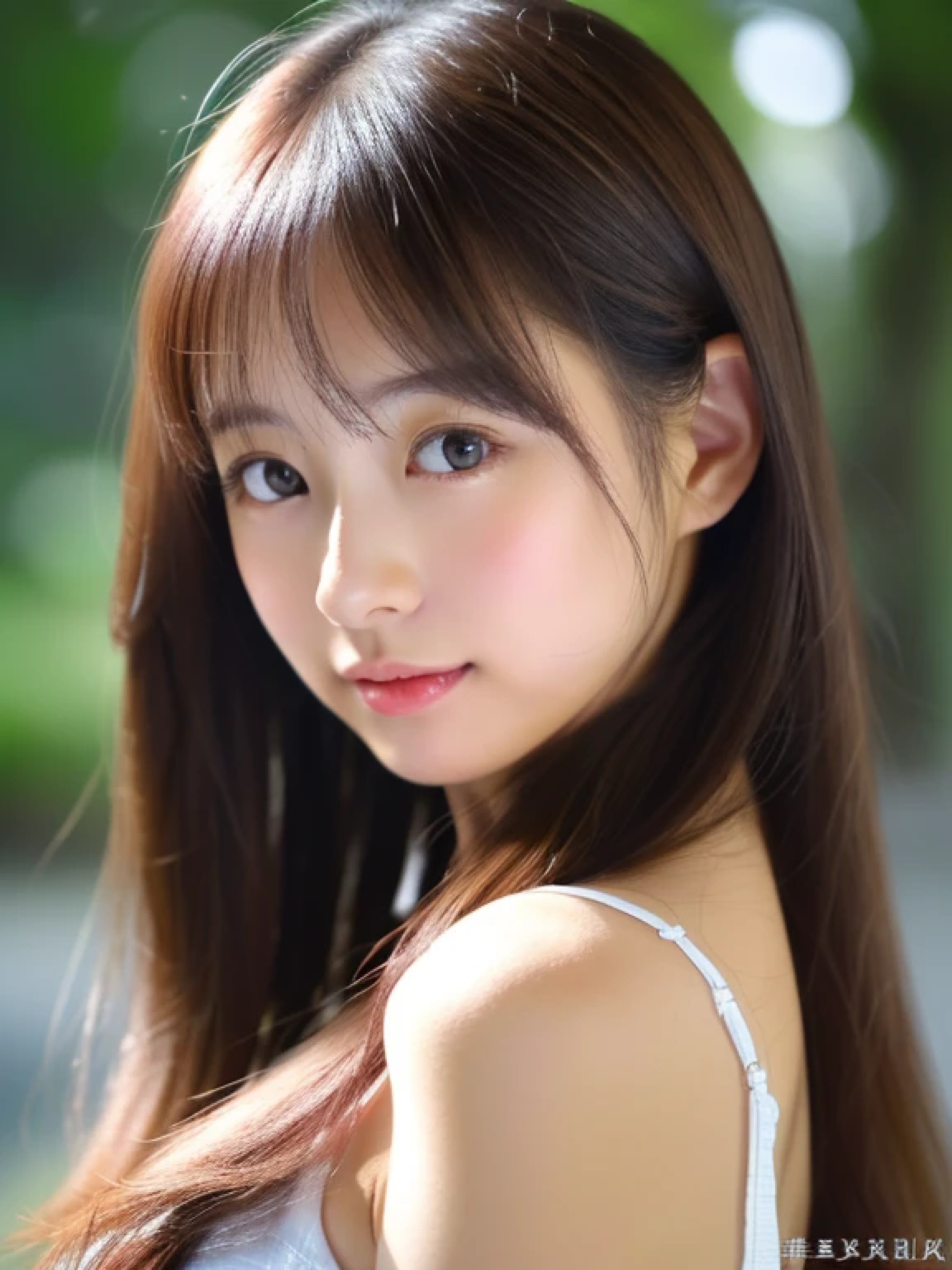 ((cute little日本の女の子、Beautiful japanese girl、1 girl in、age19、poneyTail、Highly detailed facial and skin texture、refinement、hyperdetailed face、ultradetailed eyes、blusher、blush、teak、ピンクのteakを塗った頬、close-up of woman、bustup、frontageを向いている顔、frontageを向いている体、Looking at the camera、frontage、cute little、smooth white skin、Transparent skin texture、))、(dark brown hair、bangss)、Beautiful Women in Perfect Style:1.4、Japanese Models、Young gravure idols、若いcute littleグラビアアイドル、Realistic Young Gravure Idol、refinementされたグラビアアイドル、((top-quality、in 8K、masterpiece:1.3、1Photo))、(4K、RAW Photography、top-quality)、(reallistic、フォトreallistic:1.37)、Place a person on the other side of the screen、natural soft light、upper body and head、refinement、
