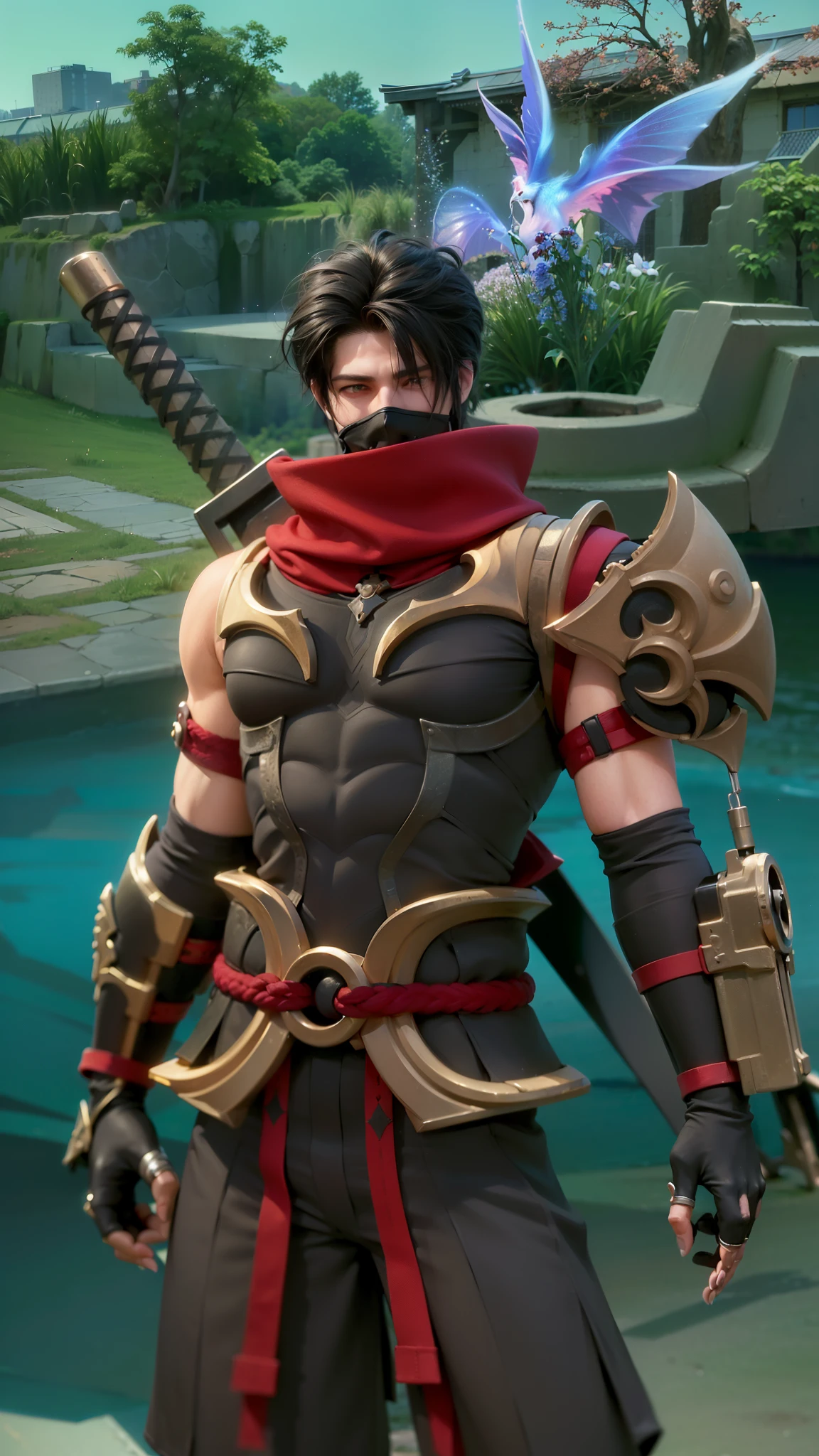 masculine male, masterpiece, ((perfect eyeest quality, (semirealism:1.9), beautiful lighting, (extremely detailed CG unity 4k fhd wallpaper), High Detail, Sharp focus, dramatic outdoors, 1 boy ,19 years old, black hair, light purpel eyes, Attractive profile picture, masterpiece, ultra-precise rendering, beautiful and cool young man, trustworthy, dependable young man, savior of the world, design, most beautiful image, 4K, light green eyes, the color of the clothes is the same as the original, demon ninja, demon armor.