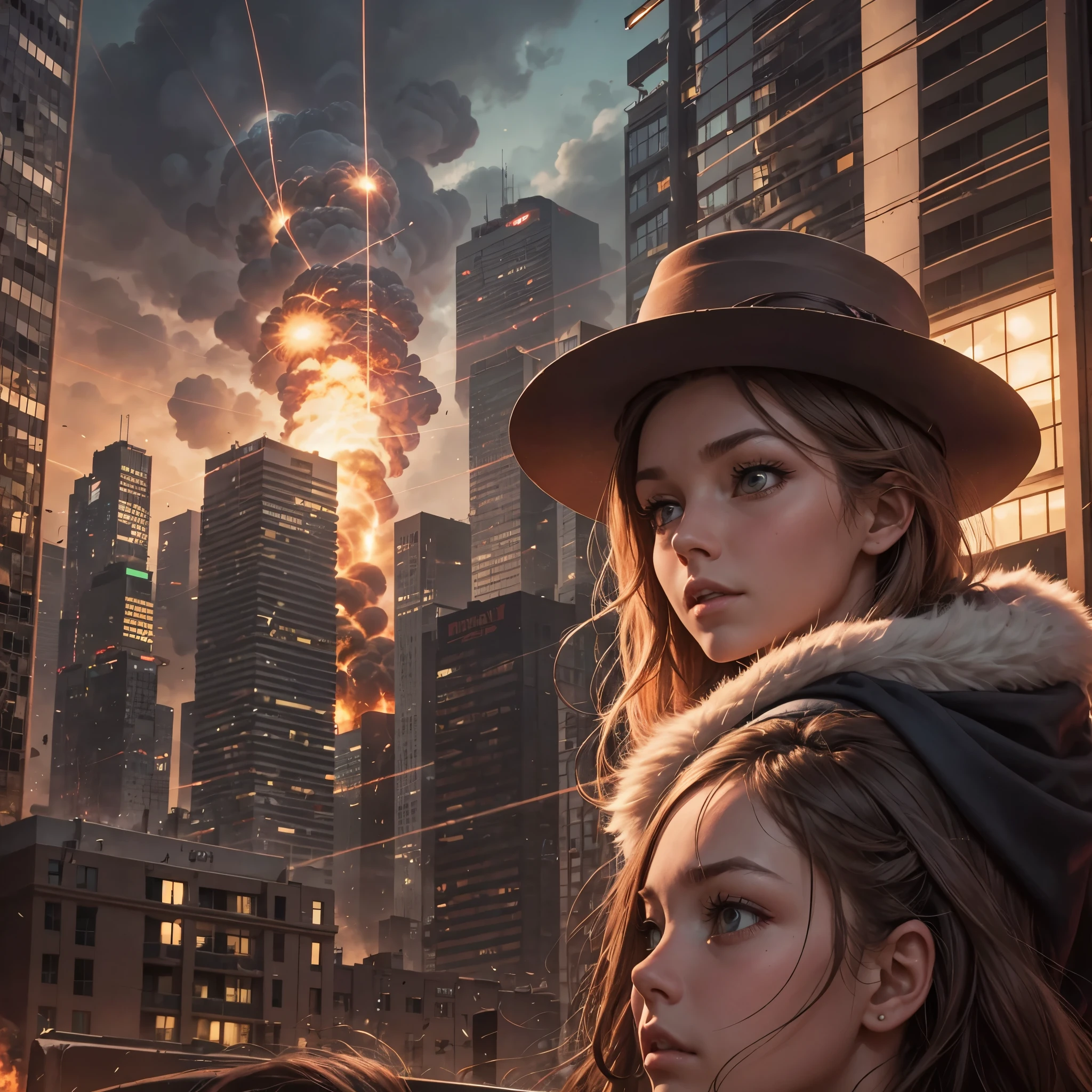 Openscheheimer's character watches children playing on a pole nearby. he is wearing a long-brimmed hat. in the background, the shockwave of an atomic explosion blows the city's skyscrapers off the face of the earth. --auto --s2