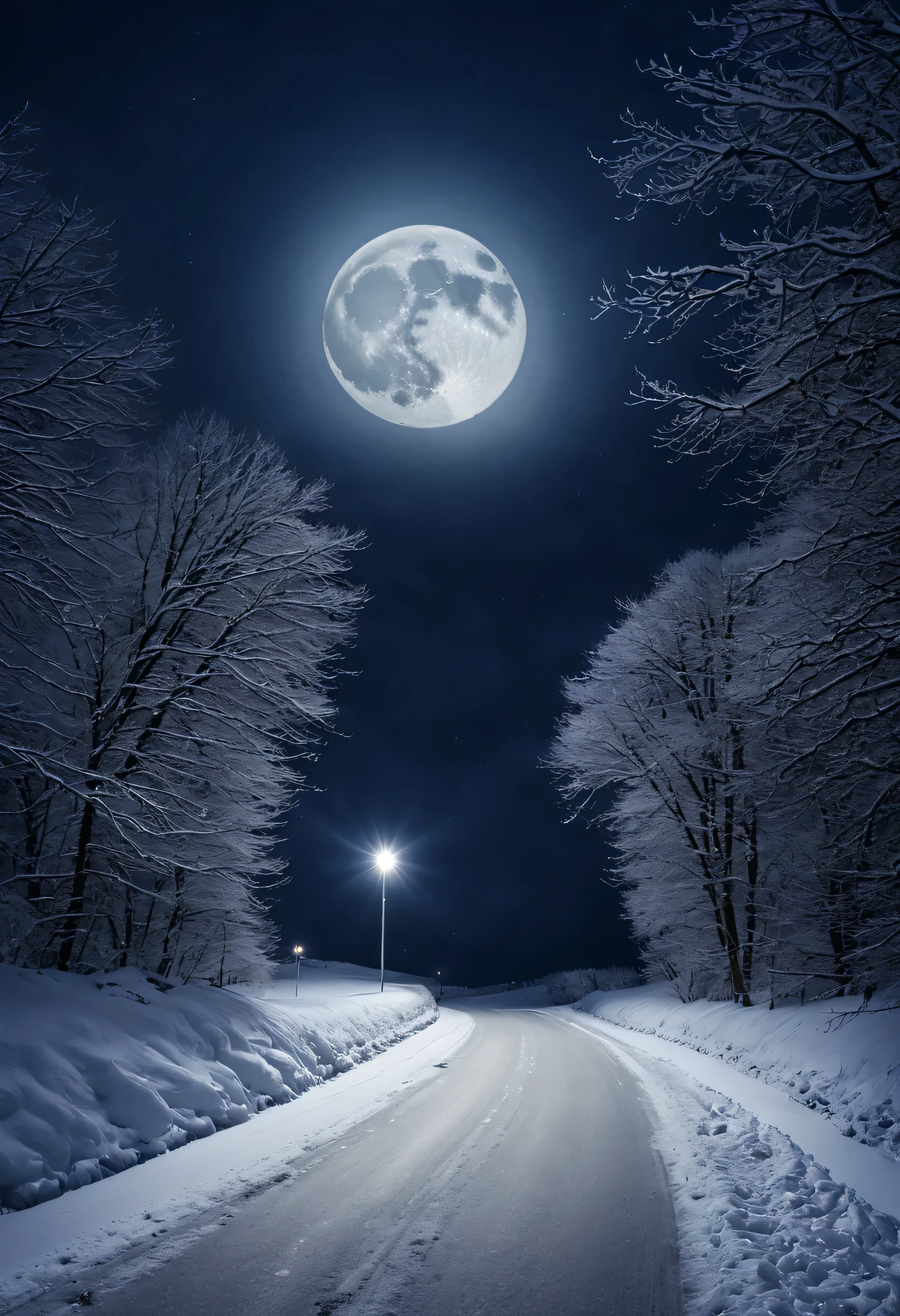 linter photo, one road going to ligths, at nigth, there is moon, snowy weather