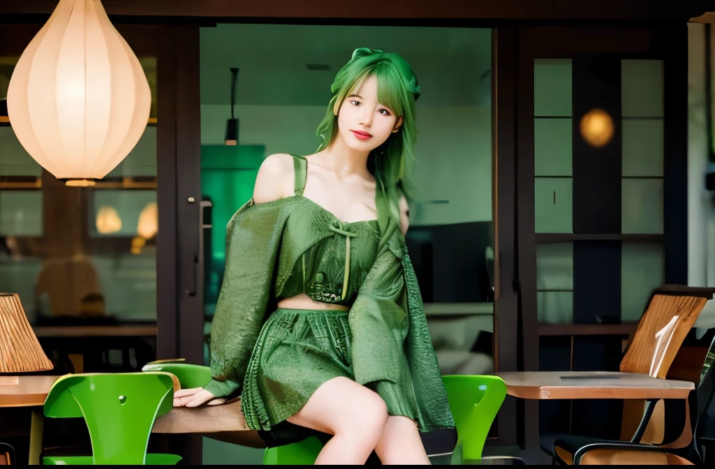 "8K resolution, Masterpiece Quality: 1.2, Photorealsitic: 1.4, Detailed 8k wallpapers, Cinematic lighting, Sharp Focus, Full body, Idol of a 20-year-old Japan, Perfect body, (Green hair), trendy green outfit, luxurious and elegant interior, Fashionable harmony with nature, contemporary furniture with green accents, chic art gallery style,  Modern Apartment."