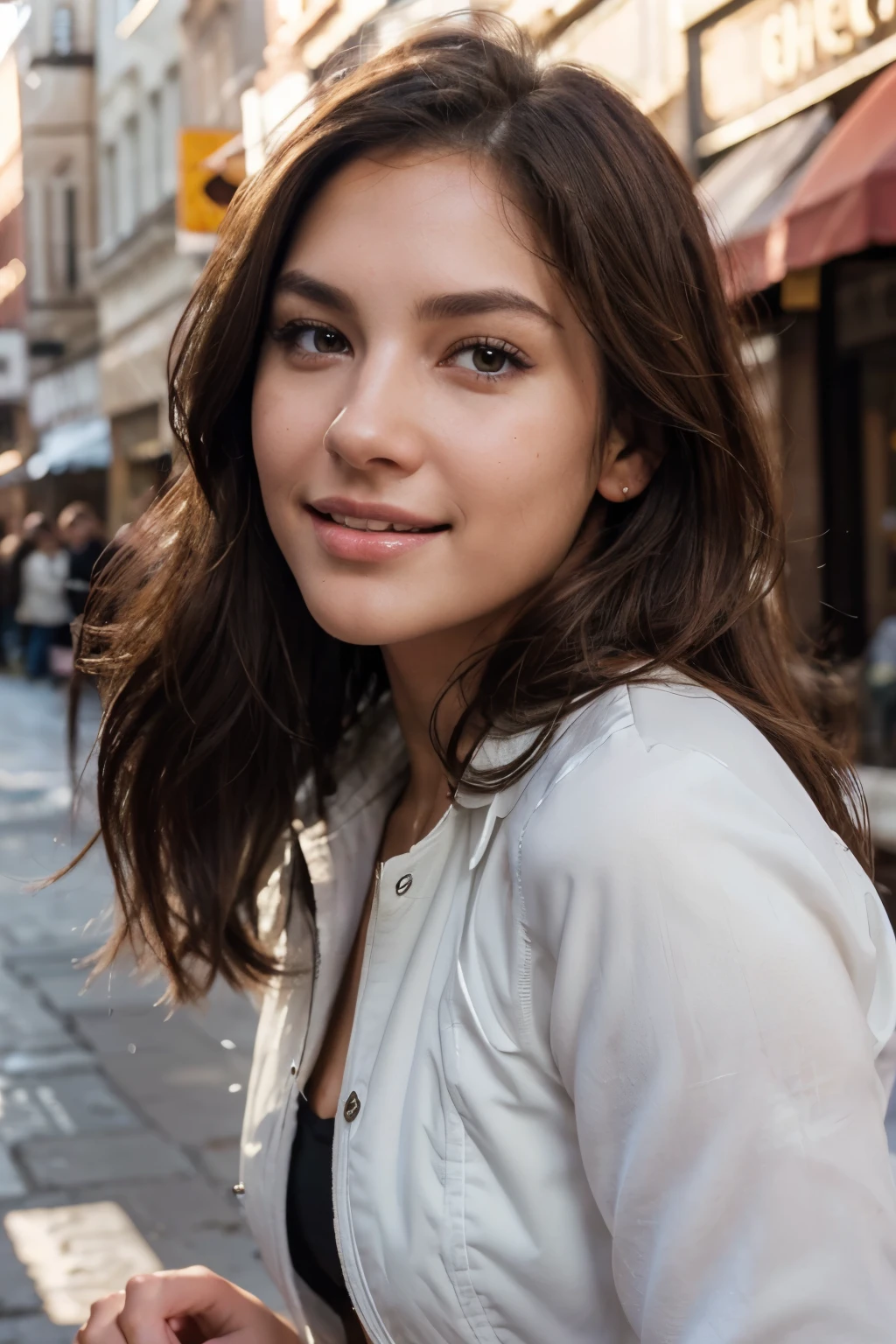 Breathtaking cinematic photo of a 25 years old girl with brown hair and brown eyes, wearing silver long puffer jacket white t-shirt and blue jeans, full-body, wide shot, long shot, extended thick black eye liner, happy, smiling, cheerful expression, closed mouth, beautiful lips, intricate details, shallow depth of field, highly detailed, high budget, gorgeous, masterpiece, award-winning, professional, highly detailed, detailed skin texture, (blush: 0.5), (goosebumps: 1.5). (the most beautiful woman in the world) (brown hair), thin face, thin nose, beautiful, very beautiful, perfect face, slender body (slender), (brown hair) (brown eyes ) (white skin) Beautiful body, western face, predatory eyes, pink lips, thick thighs. full body, western beauty, thin nose, beautiful, perfect, ((best quality)), ((ultra resolution)), ((photorealistic: 1.4)), (intricate details), perfect face, makeup: 1.8 , clear face, facial details, front view, wide lens, brown hair, ((black eyes)), (smiling), highly detailed, detailed skin texture, ultra skin texture, skin pores, (wild long hair), thin face, thin nose, (white skin),(white body), western face, predatory eyes, perfect, ((best quality)), ((photorealistic: 1.4)), front view, wide angle, film stock photograph, rich colors, hyper-realistic, lifelike texture, dramatic lighting, normal standing pose, full-body, outdoor, street,