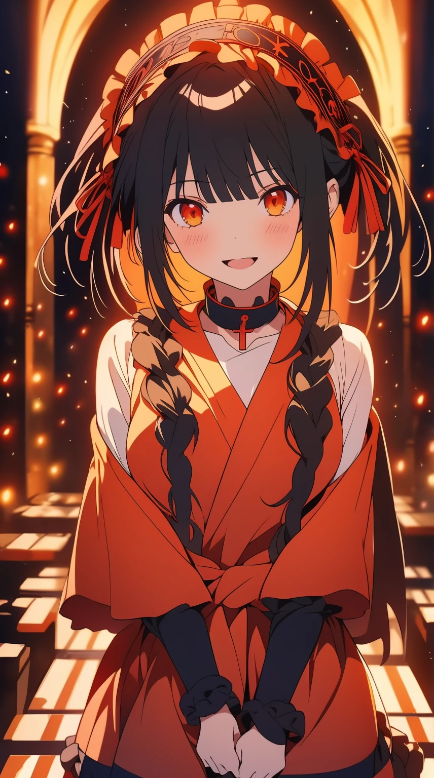 Anime, Kurumi tokisaki del anime date a live, heterochromia, pechos medianos, primer plano, posando, bocacerrada sonriendo, detallado, face of shame, Alta calidad, obra maestra, crimson red right eye, ojos izquiero color amarillo dorado intenso, labios pintados, vestido, coletas, fondo de iglesia, mayor de edad, apariencia de adulto