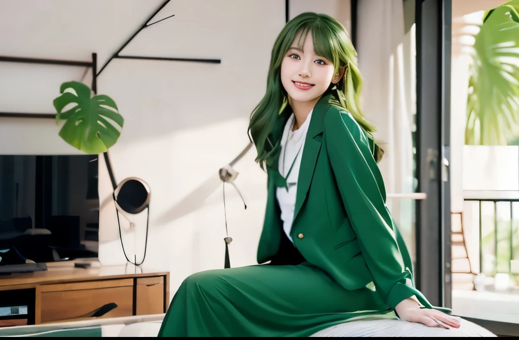 "8K resolution, Masterpiece Quality: 1.2, Photorealsitic: 1.4, Detailed 8k wallpapers, Cinematic lighting, Sharp Focus, Full body, Idol of a 20-year-old Japan, Perfect body, (Green hair), trendy green outfit, luxurious and elegant interior, Fashionable harmony with nature, contemporary furniture with green accents, chic art gallery style,  Modern Apartment."