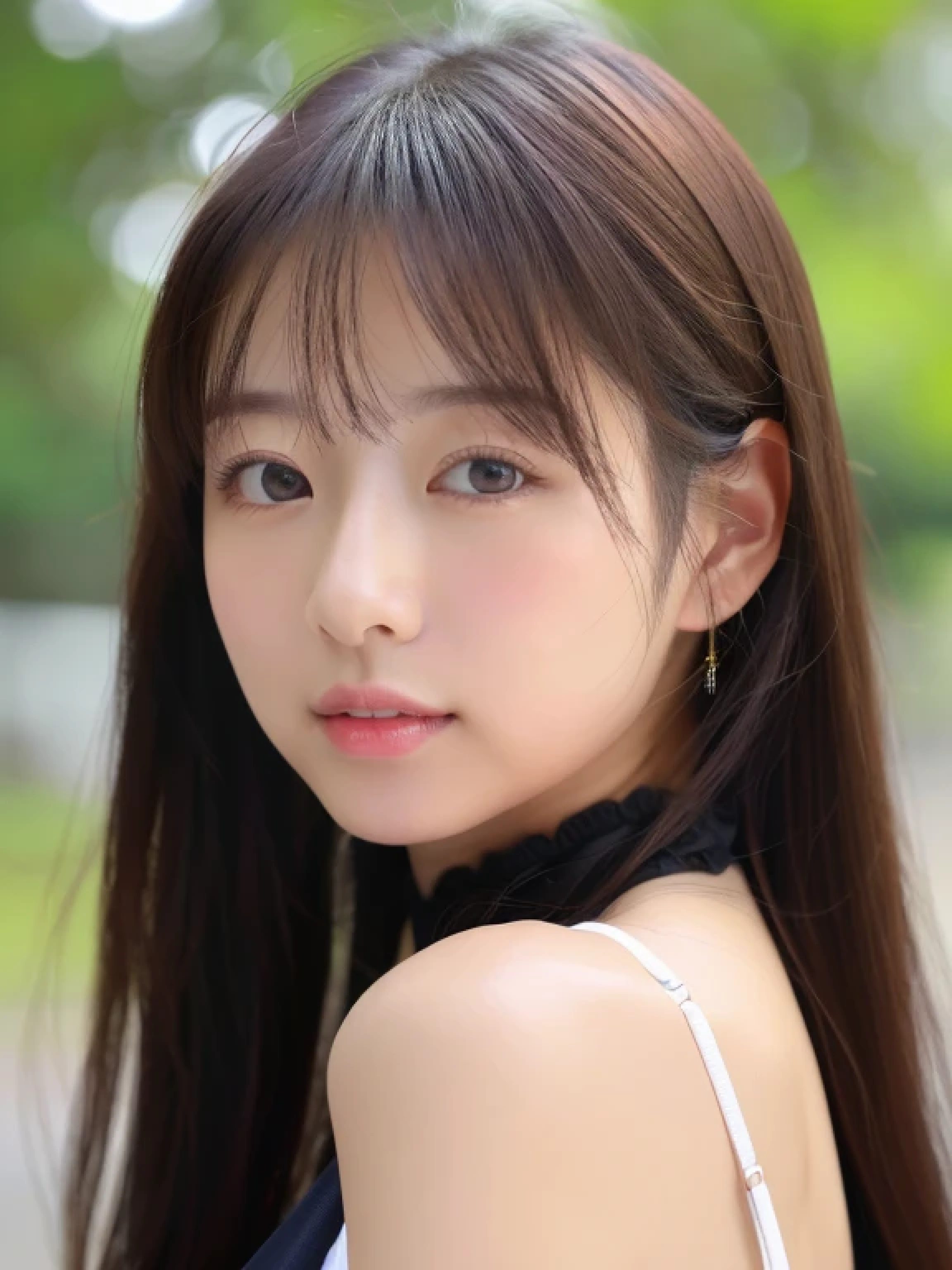 ((cute little日本の女の子、Beautiful japanese girl、1 girl in、age19、poneyTail、Highly detailed facial and skin texture、refinement、hyperdetailed face、ultradetailed eyes、blusher、blush、teak、ピンクのteakを塗った頬、close-up of woman、bustup、frontageを向いている顔、frontageを向いている体、Looking at the camera、frontage、cute little、smooth white skin、Transparent skin texture、))、(dark brown hair、bangss)、Beautiful Women in Perfect Style:1.4、Japanese Models、Young gravure idols、若いcute littleグラビアアイドル、Realistic Young Gravure Idol、refinementされたグラビアアイドル、((top-quality、in 8K、masterpiece:1.3、1Photo))、(4K、RAW Photography、top-quality)、(reallistic、フォトreallistic:1.37)、Place a person on the other side of the screen、natural soft light、upper body and head、refinement、