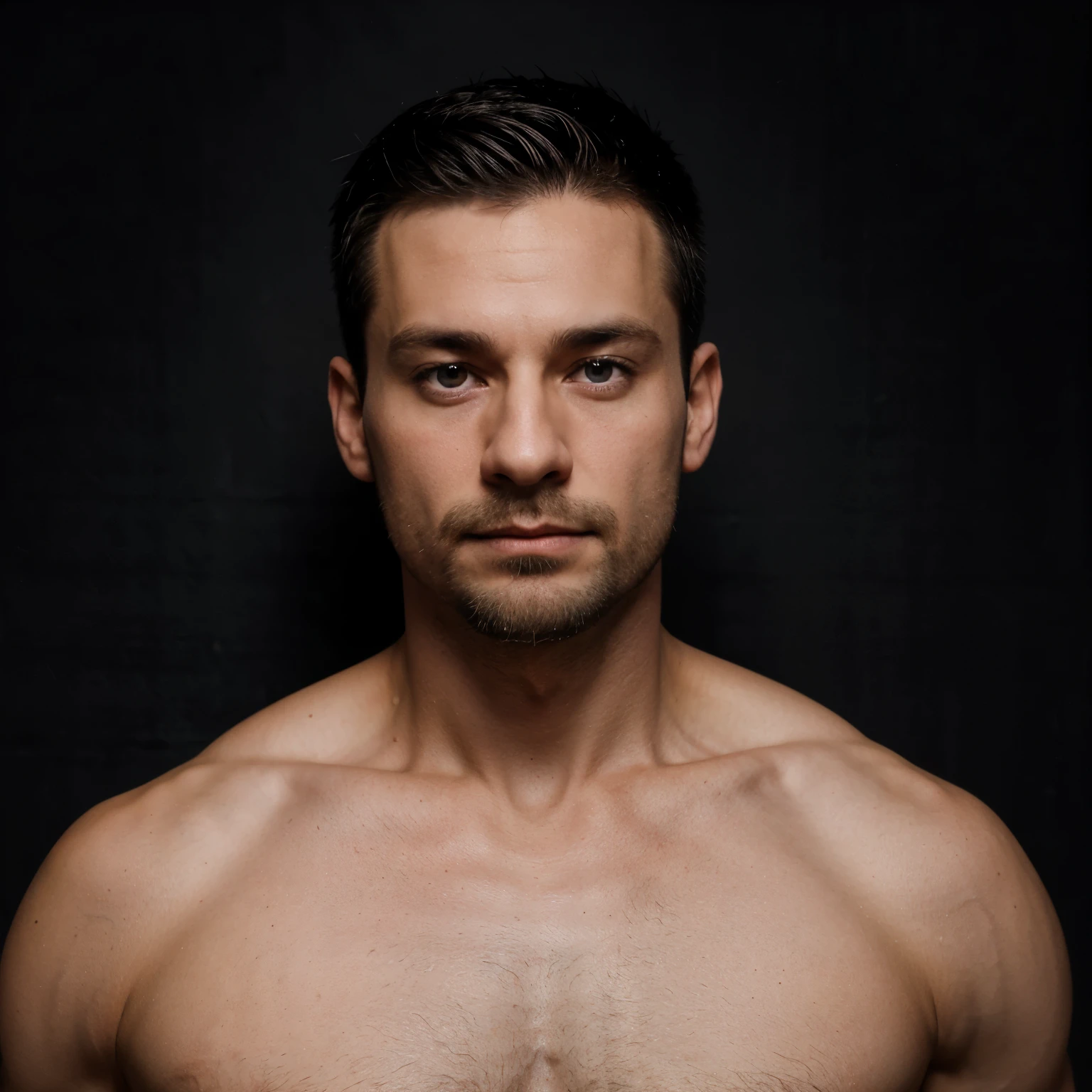 Polish male, 35 years old, muscular, short beard, portrait, Black v-neck