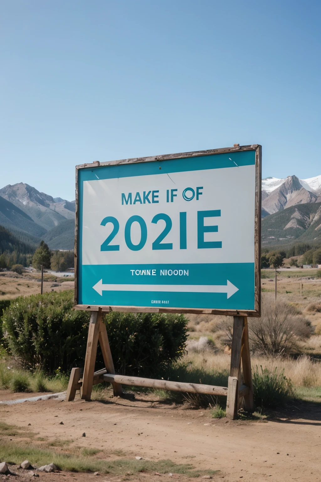 Make a sign that says 2023. make it blue and white with a neon green outline, with trees and mountains in the background