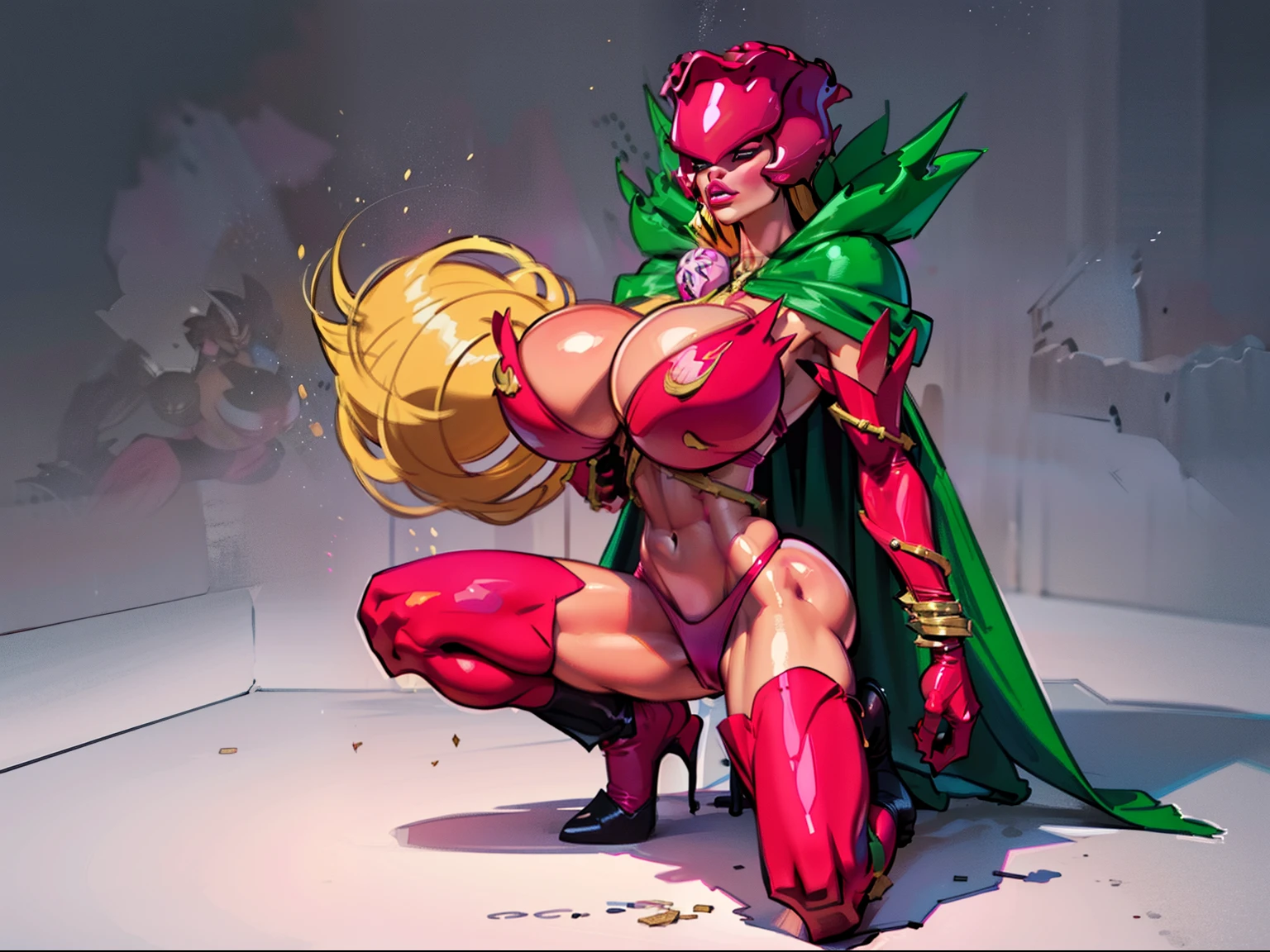 Eyes covered, woman, rosemon , ((pink skin:1.4)), adorned in red suit, ((twerking)), metal muscles, emanating a medieval elegance and marvel, green cape, armor pump boots, blonde hair, red bra, small armband), gauntlets, ((armored bikini:1.4)), sword, shield, exposed midriff, (puffy lips:1.3), detailed eyes, ((slendered abs:1.2)),(((gigantic breasts:1.5))), wide hips, (puffy lips:1.5), slender abs,rim lighting, side light, (((cinematic light))), ultra high definition, 8k, film grain,best shadow, light particles, detailed skin texture, detailed gem armor texture, detailed face, intricate details, super detailed, bright, spiked heel boots