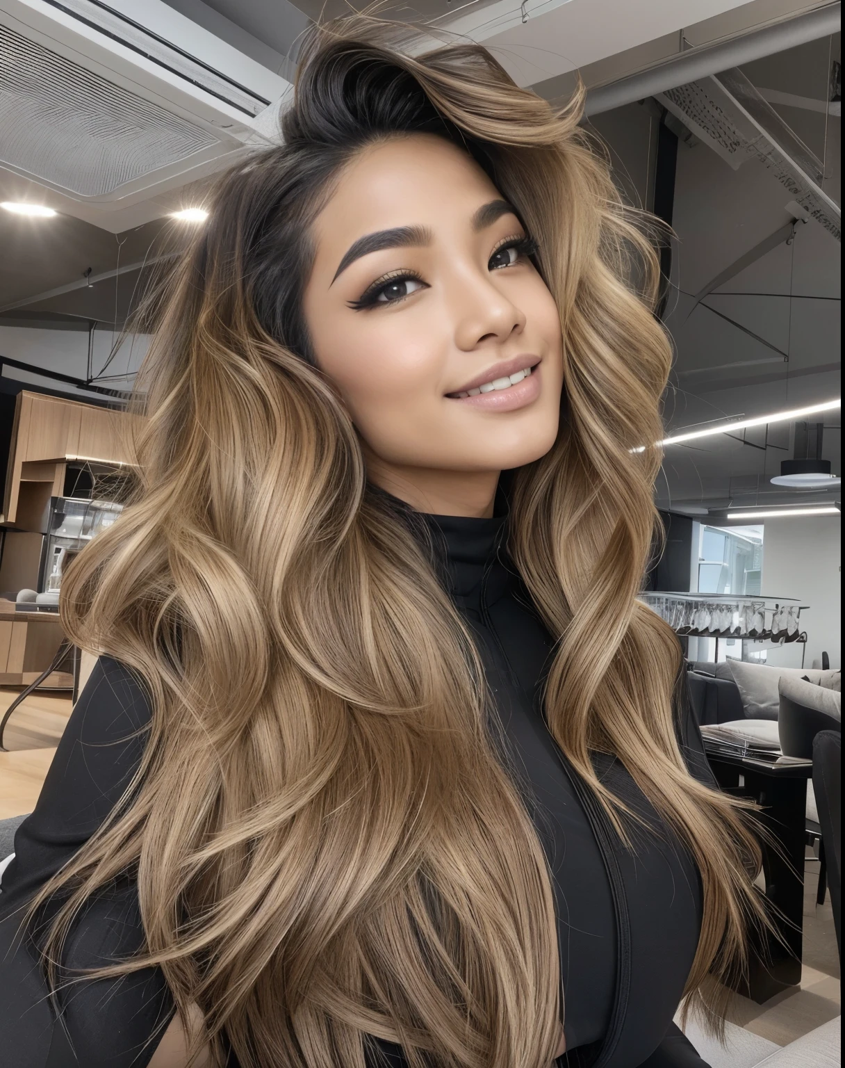 Young Thai woman, Fit physique, fitness physique, wearing sexy black lingerie sitting on the couch with legs open, corps sexy, (8k), (Best quality), (Masterpiece:1.3), (Realstic), (photoreallistic:1.34), Ultra-detailed, [beautiful detailed  eyes], (sourire), (sourire), (beautiful nose detailed), [very long blonde hair], (haut court), lingerie noire, (superbes seins taille normale), (gros plan), profondeur de champ, full body view, sitting on sofa, legs spread, showing crotch, pieds en l'air