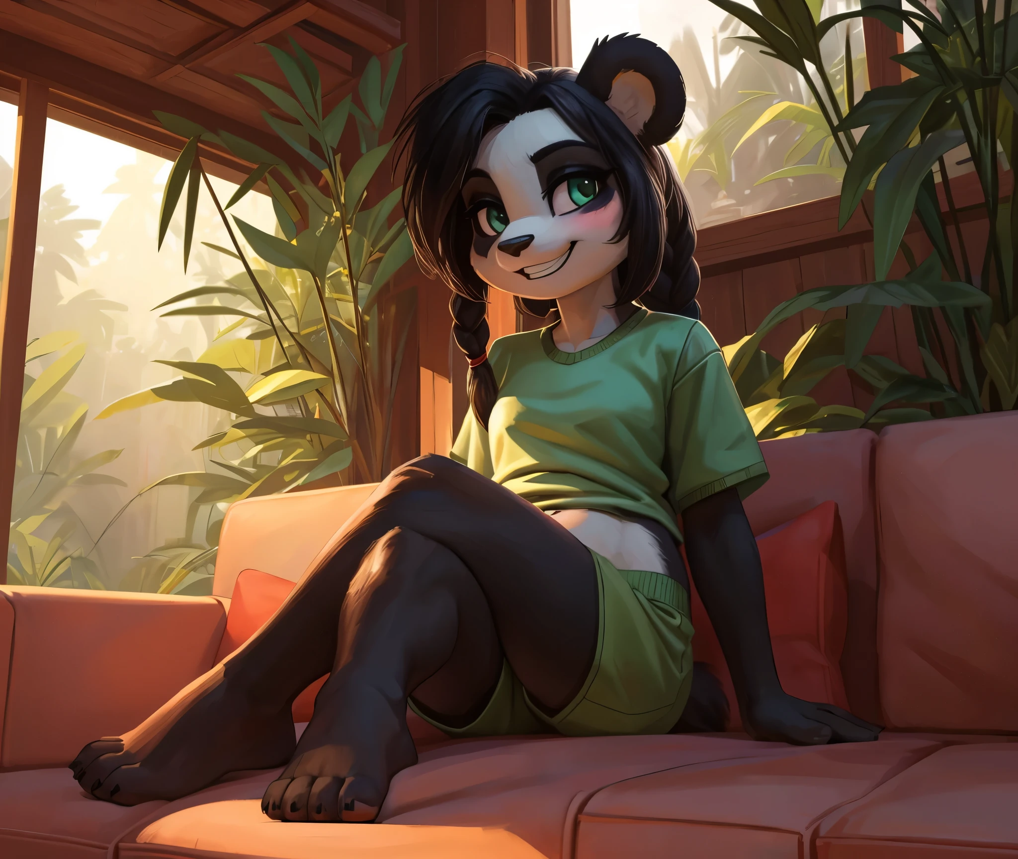 [Yaya Panda], [Uploaded to e621.net; (Pixelsketcher), (wamudraws)], ((masterpiece)), ((HD)), ((highres)), ((solo portrait)), ((full body)), ((front view)), ((feet visible)), ((furry; anthro)), ((detailed fur)), ((detailed shading)), ((beautiful render art)), ((intricate details)), {anthro panda; white fur, (black fur on armlack fur on legs), (white fur on belly), black nose, (cute green eyes), (short eyelashes), (black eyeshadow), (long black hair), (braided hair), (curvy hips), (beautiful legs), (beautiful feet), (blushing), (cute grin)}, {(green tee shirt), (red lounge shorts)}, {(sitting on couch), (crossed legs), (looking at viewer)}, [background; (bamboo forest), (living room), (window), (blue sky), (sun rays), (ambient lighting)]