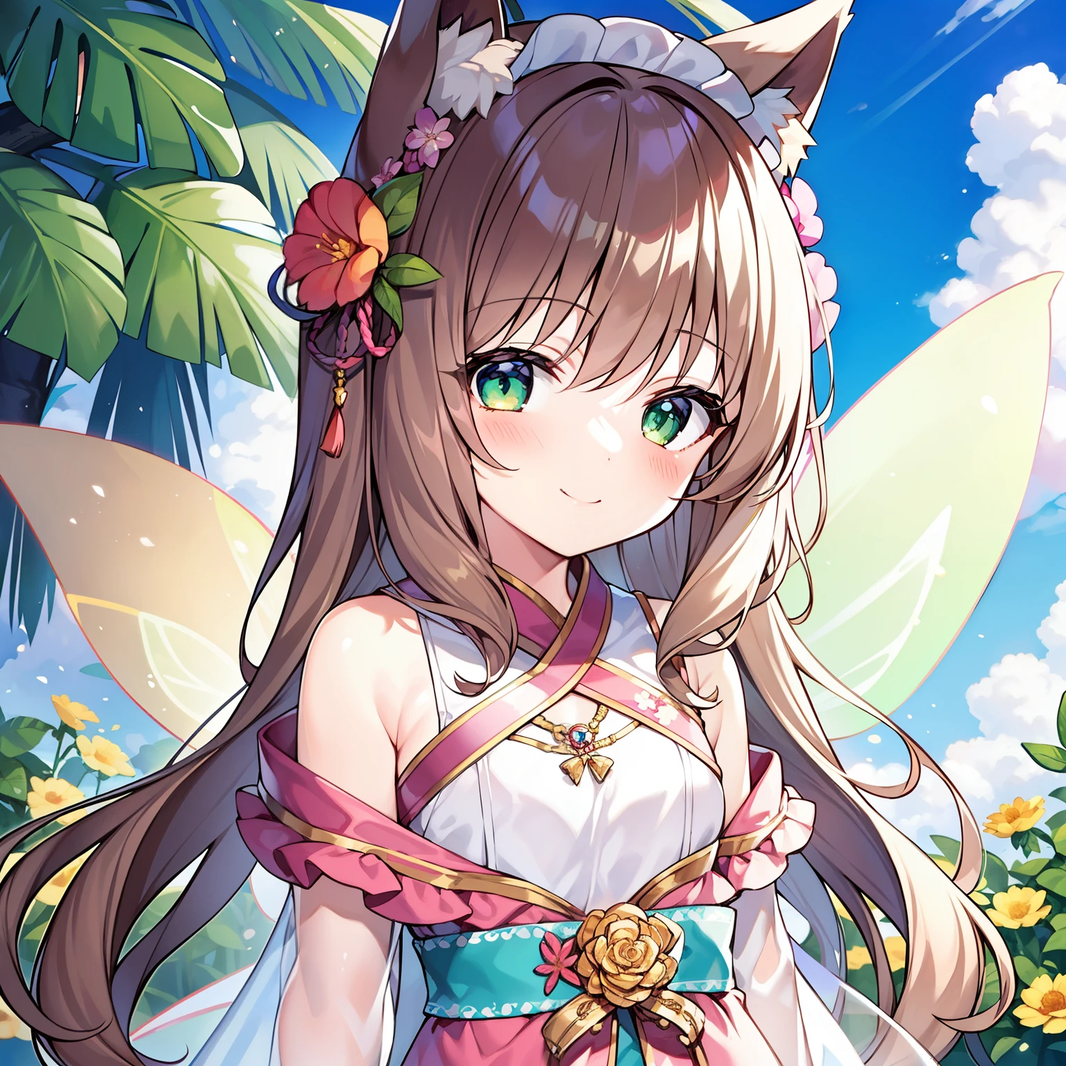 (tmasterpiece, Best quality at best, A high resolution), 1 girl, Alone,  (The large, Soft fox tail)，A pair of fox ears，Green-eyed，(Long brown hair)，Small flower headdress, (9 _Cute loli)，small tit，摩洛解放阵线，Wearing pink fairy costume，Golden translucent fairy wings，Close-up of the upper body，Blush slightly，ssmile，